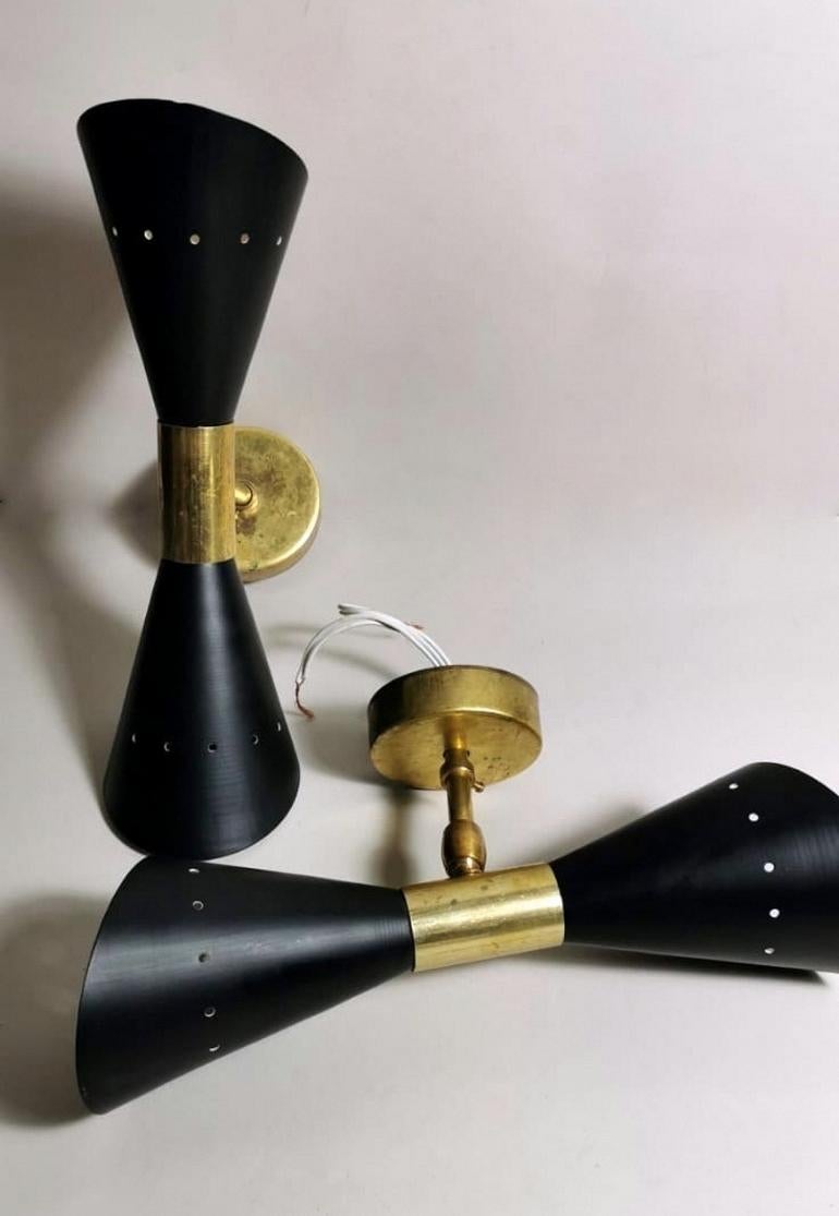  Stilnovo Style Diabolo Model Pair Of Brass Italian Sconces 1960 In Good Condition In Prato, Tuscany