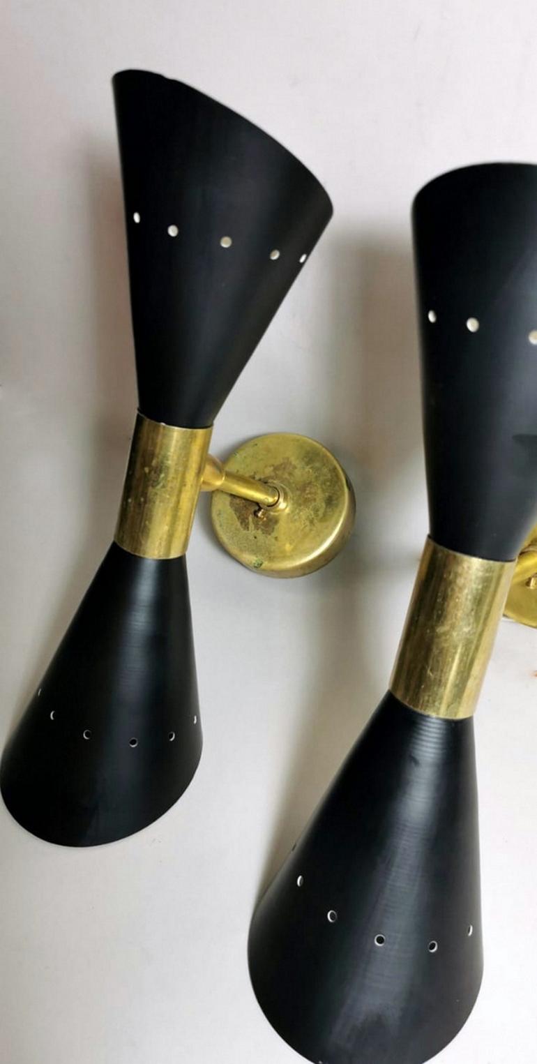 20th Century  Stilnovo Style Diabolo Model Pair Of Brass Italian Sconces 1960