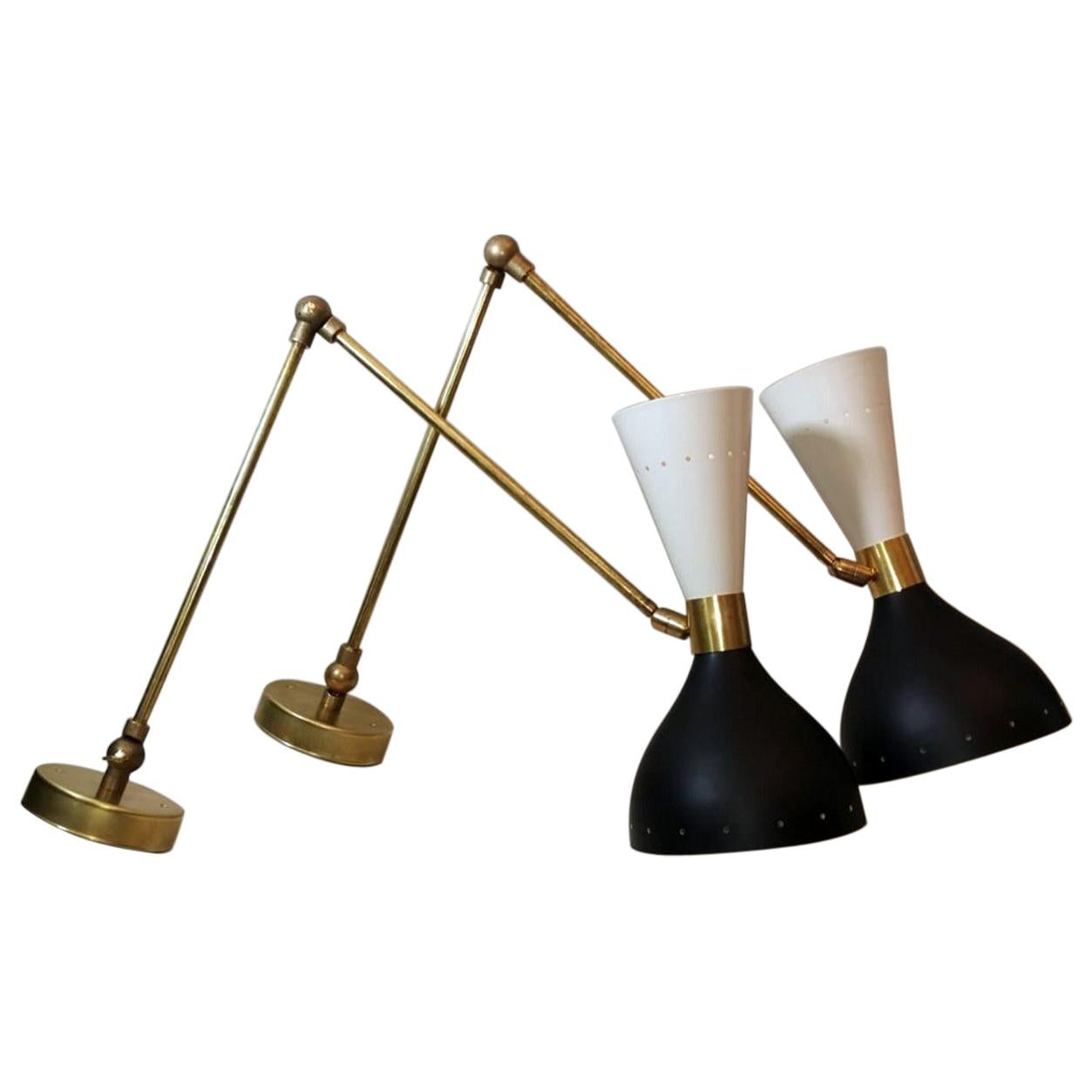 Pair Of 60's Brass Italian Sconces Style Stilnovo Diabolo Model 