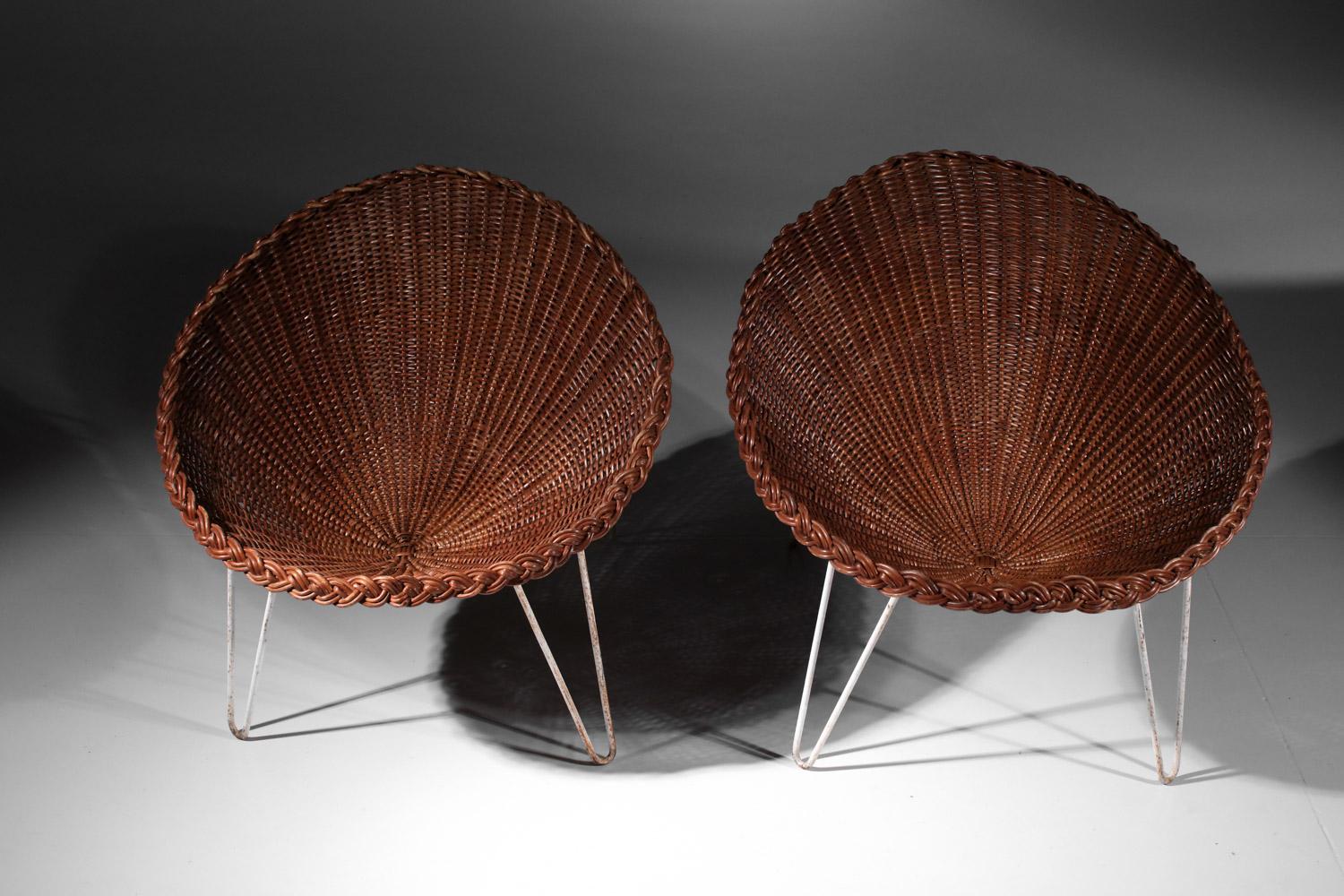 Paire de fauteuils français des années 60 en rotin et osier design I442 en vente 6