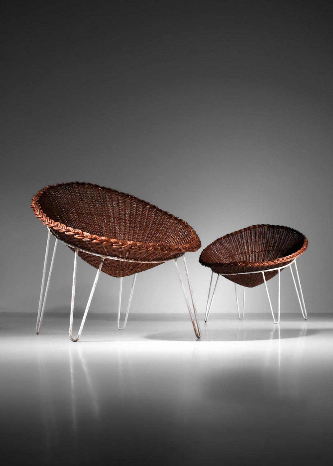 Paire de fauteuils français des années 60 en rotin et osier design I442 en vente 11