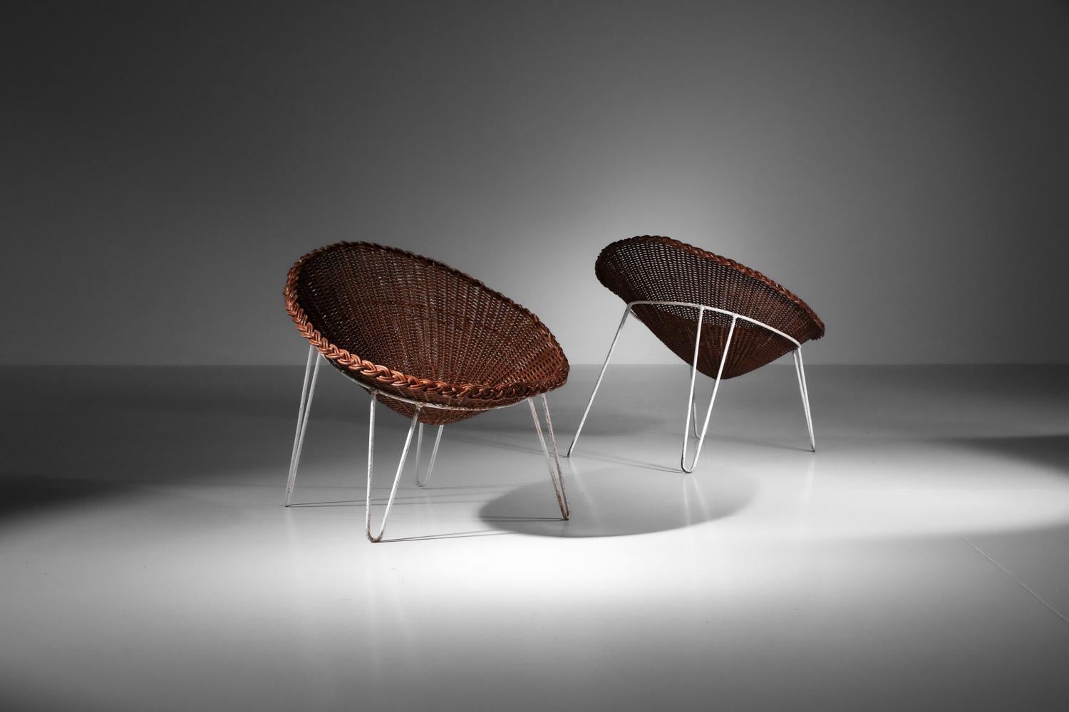 Rotin Paire de fauteuils français des années 60 en rotin et osier design I442 en vente