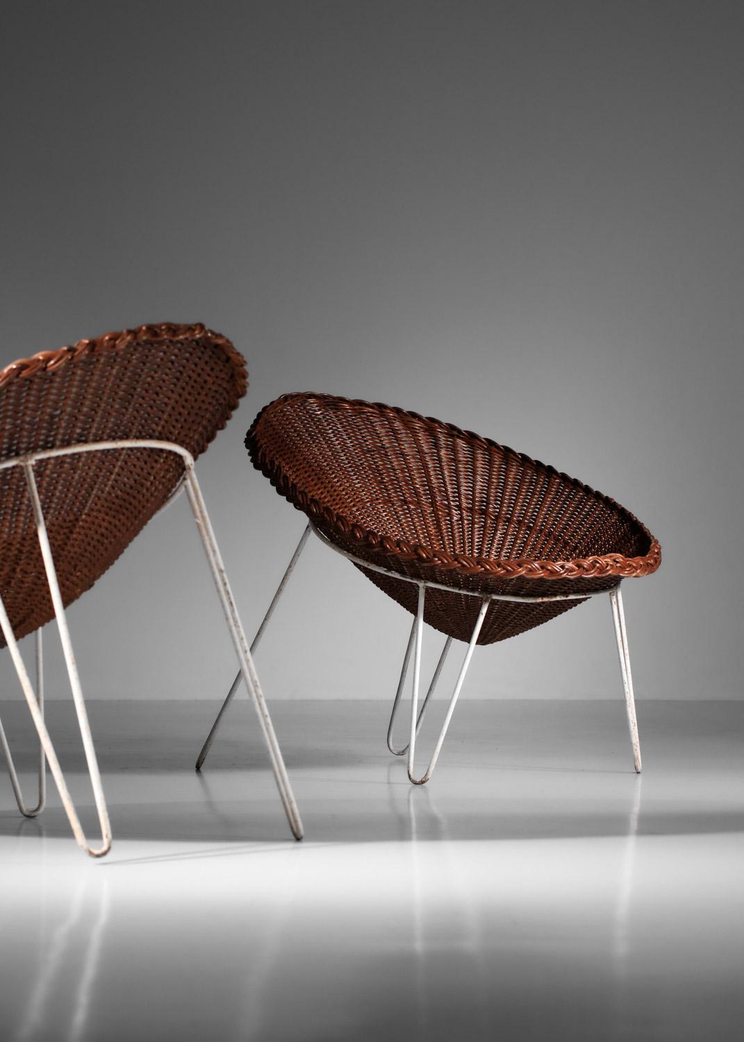 Paire de fauteuils français des années 60 en rotin et osier design I442 en vente 2