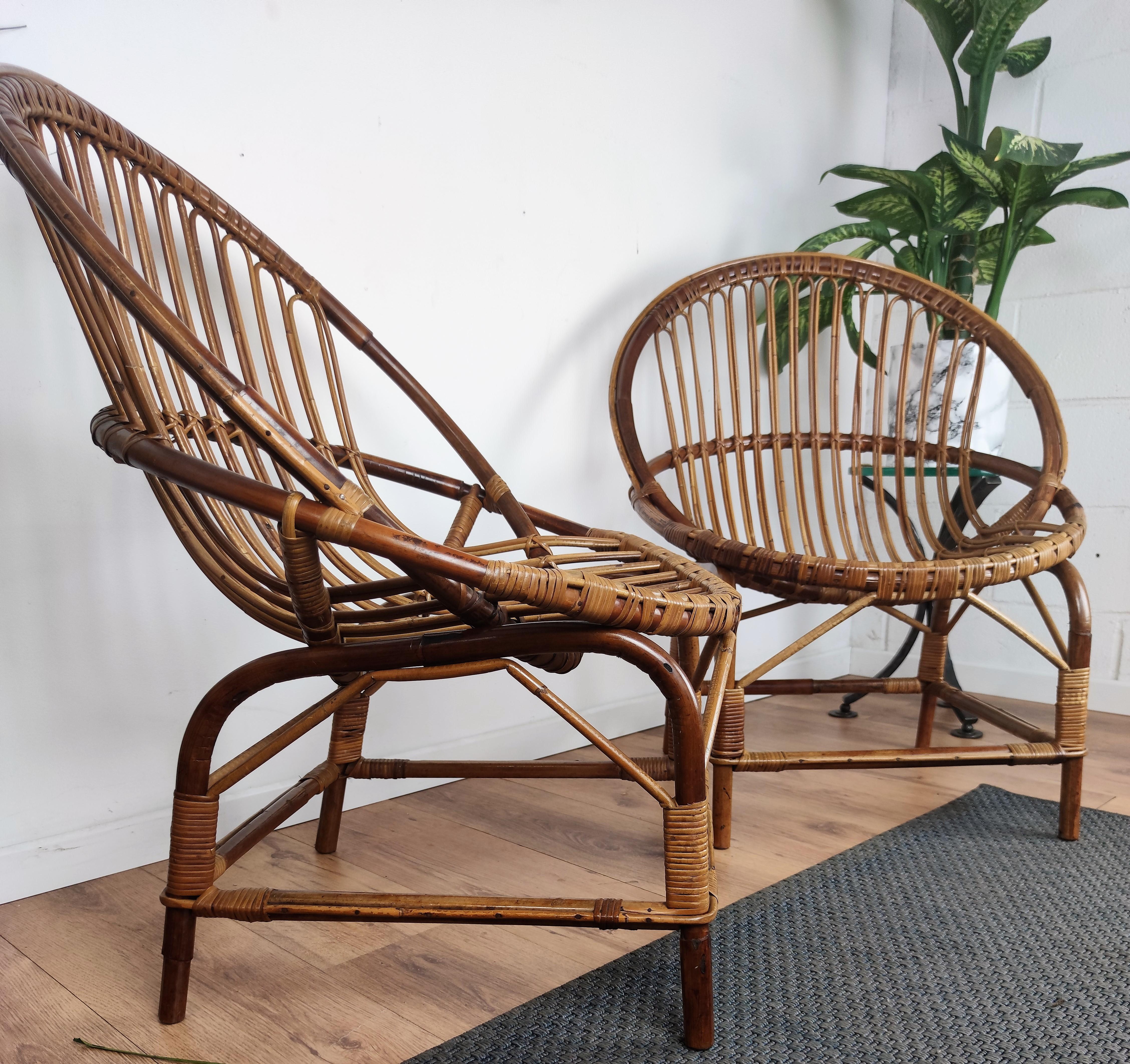 French Provincial Pair of 60s Italian Bent Bamboo Rattan Bohemian French Riviera Lounge Armchairs For Sale