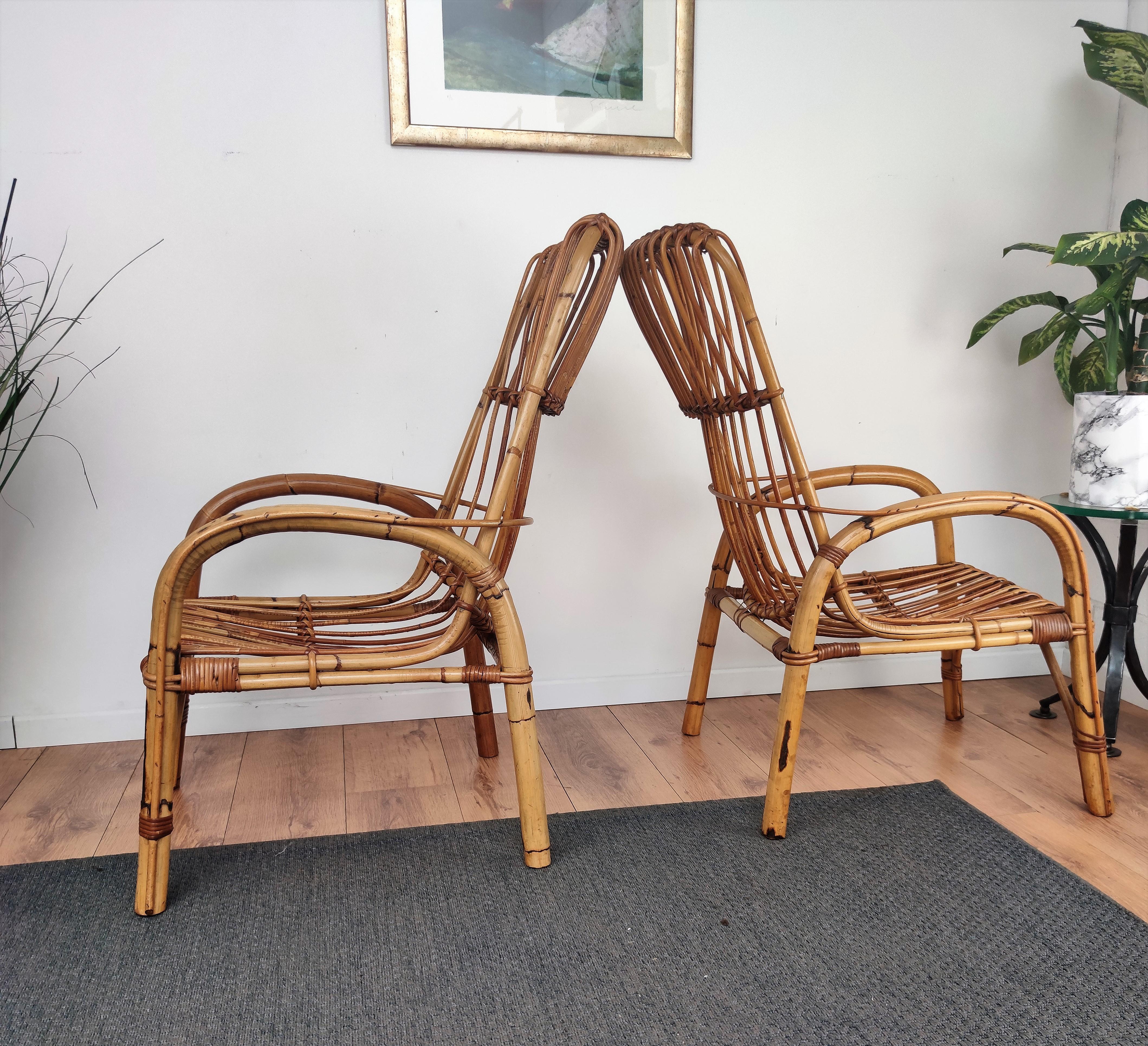 Paire de fauteuils de salon italiens des années 60 en bambou et rotin de la Côte d'Azur, Bohème Bon état - En vente à Carimate, Como