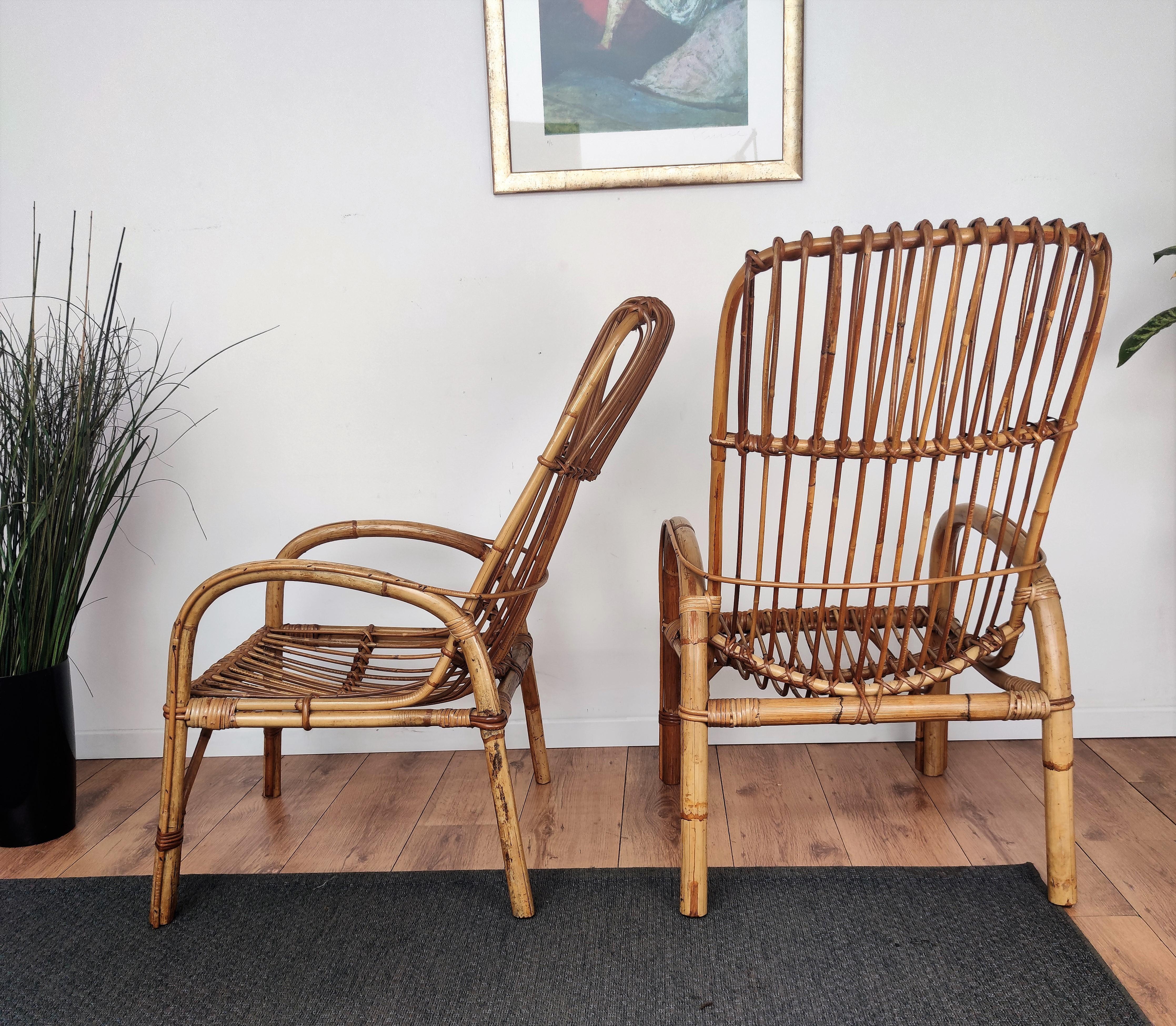 French Provincial Pair of 60s Italian Bent Bamboo Rattan Bohemian French Riviera Lounge Armchairs For Sale