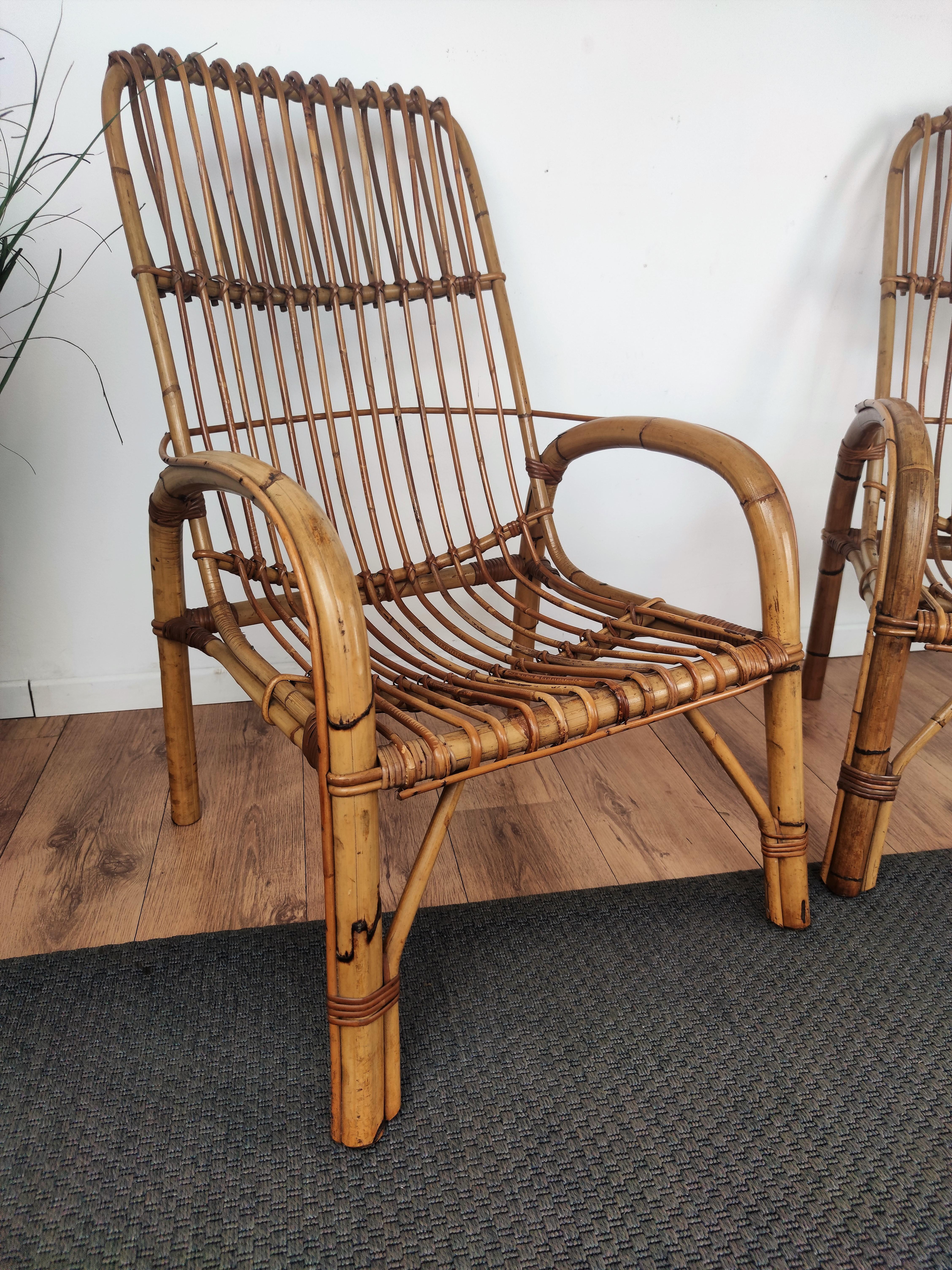 Pair of 60s Italian Bent Bamboo Rattan Bohemian French Riviera Lounge Armchairs In Good Condition For Sale In Carimate, Como