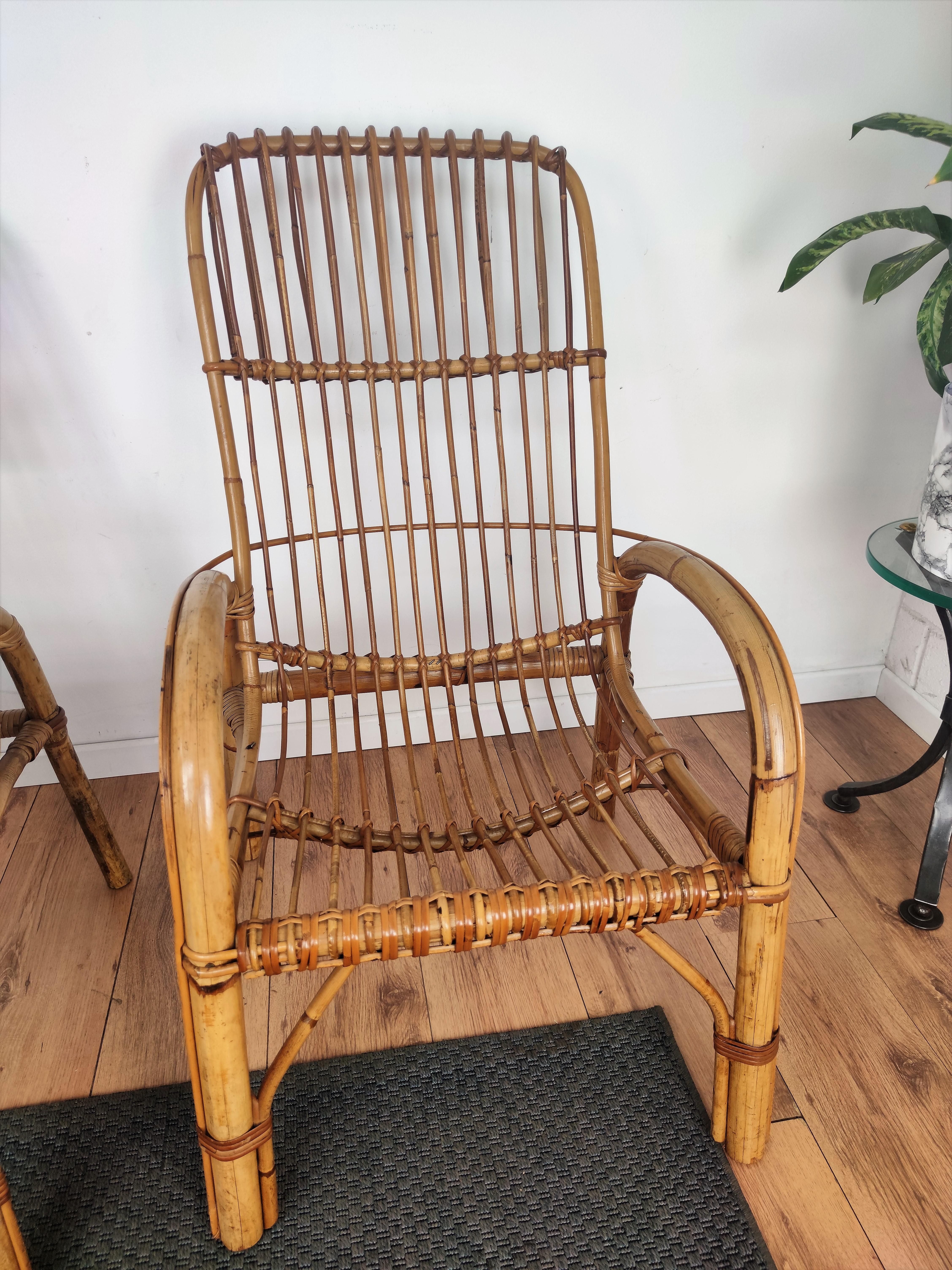 20th Century Pair of 60s Italian Bent Bamboo Rattan Bohemian French Riviera Lounge Armchairs For Sale