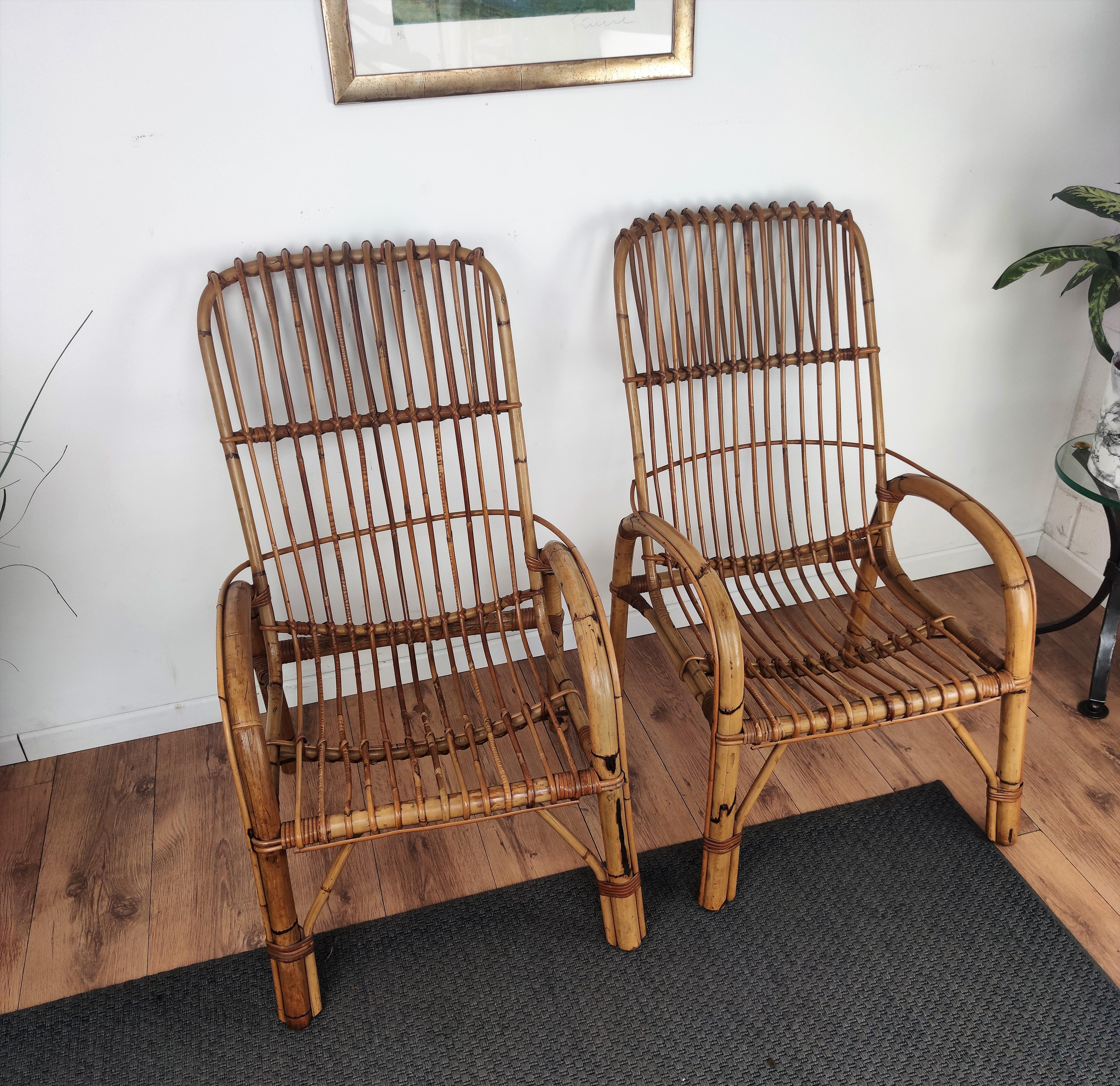 Pair of 60s Italian Bent Bamboo Rattan Bohemian French Riviera Lounge Armchairs For Sale 1