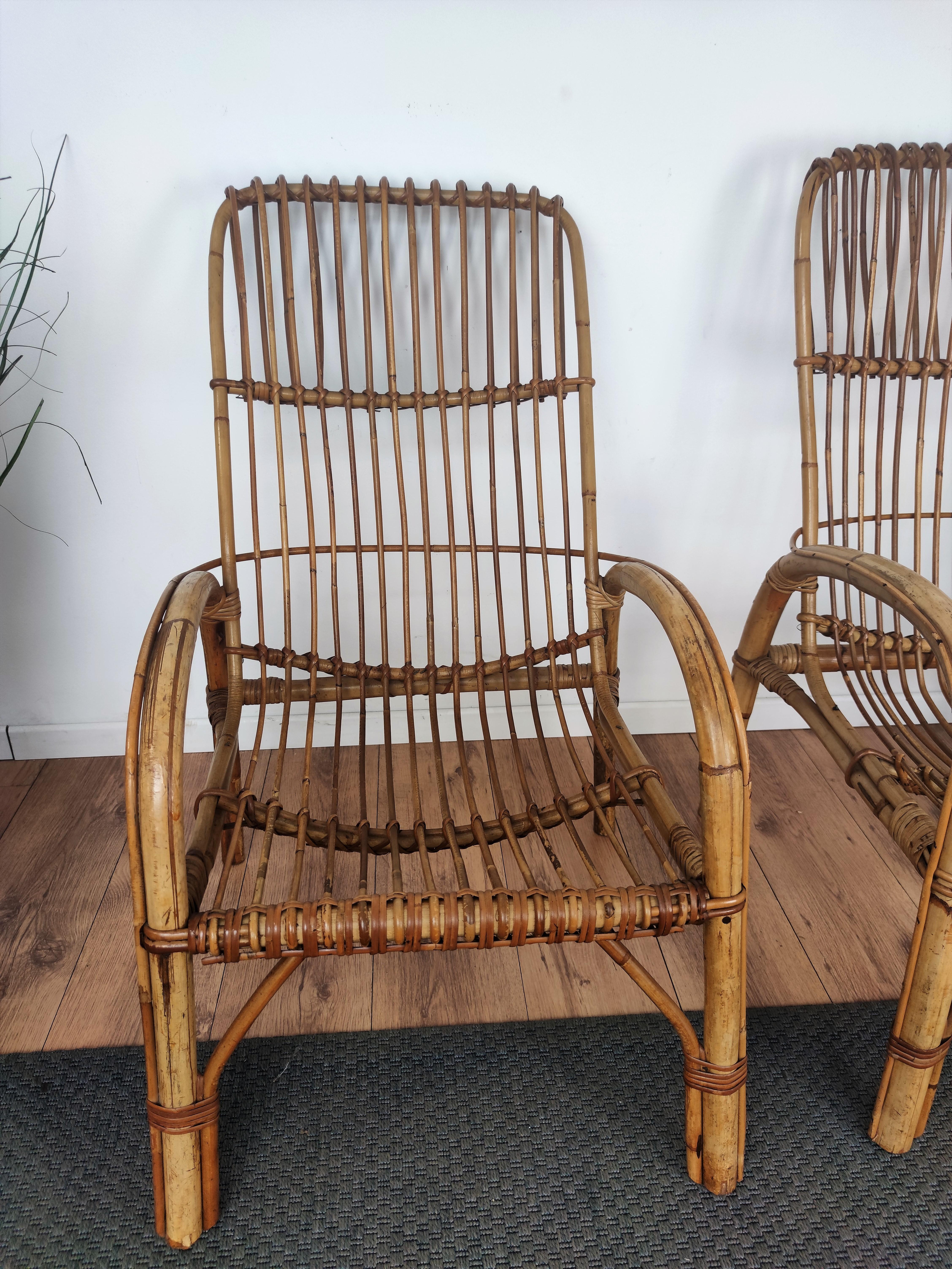 Pair of 60s Italian Bent Bamboo Rattan Bohemian French Riviera Lounge Armchairs For Sale 1