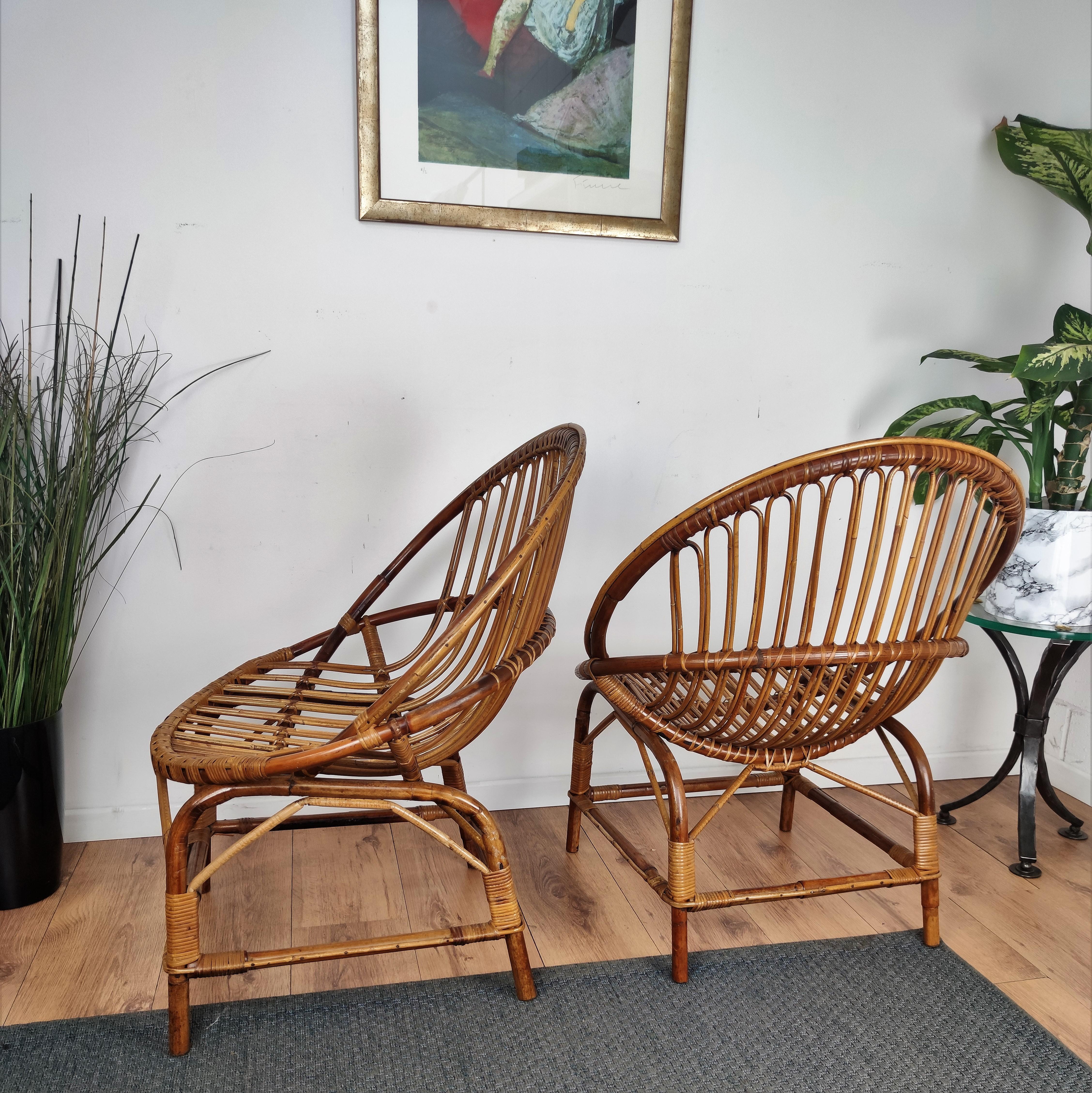 Pair of 60s Italian Bent Bamboo Rattan Bohemian French Riviera Lounge Armchairs For Sale 3