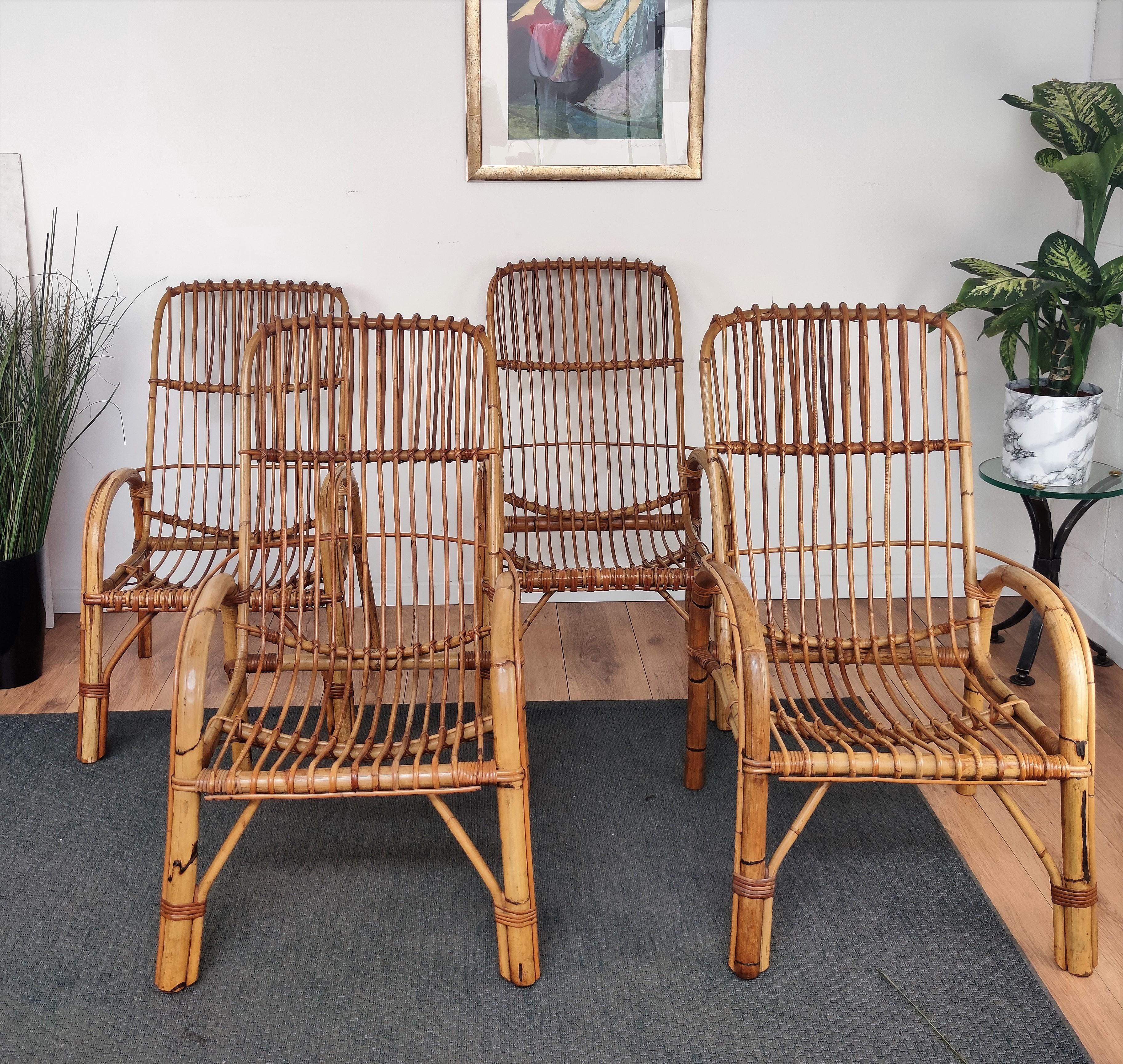 Pair of 60s Italian Bent Bamboo Rattan Bohemian French Riviera Lounge Armchairs For Sale 2