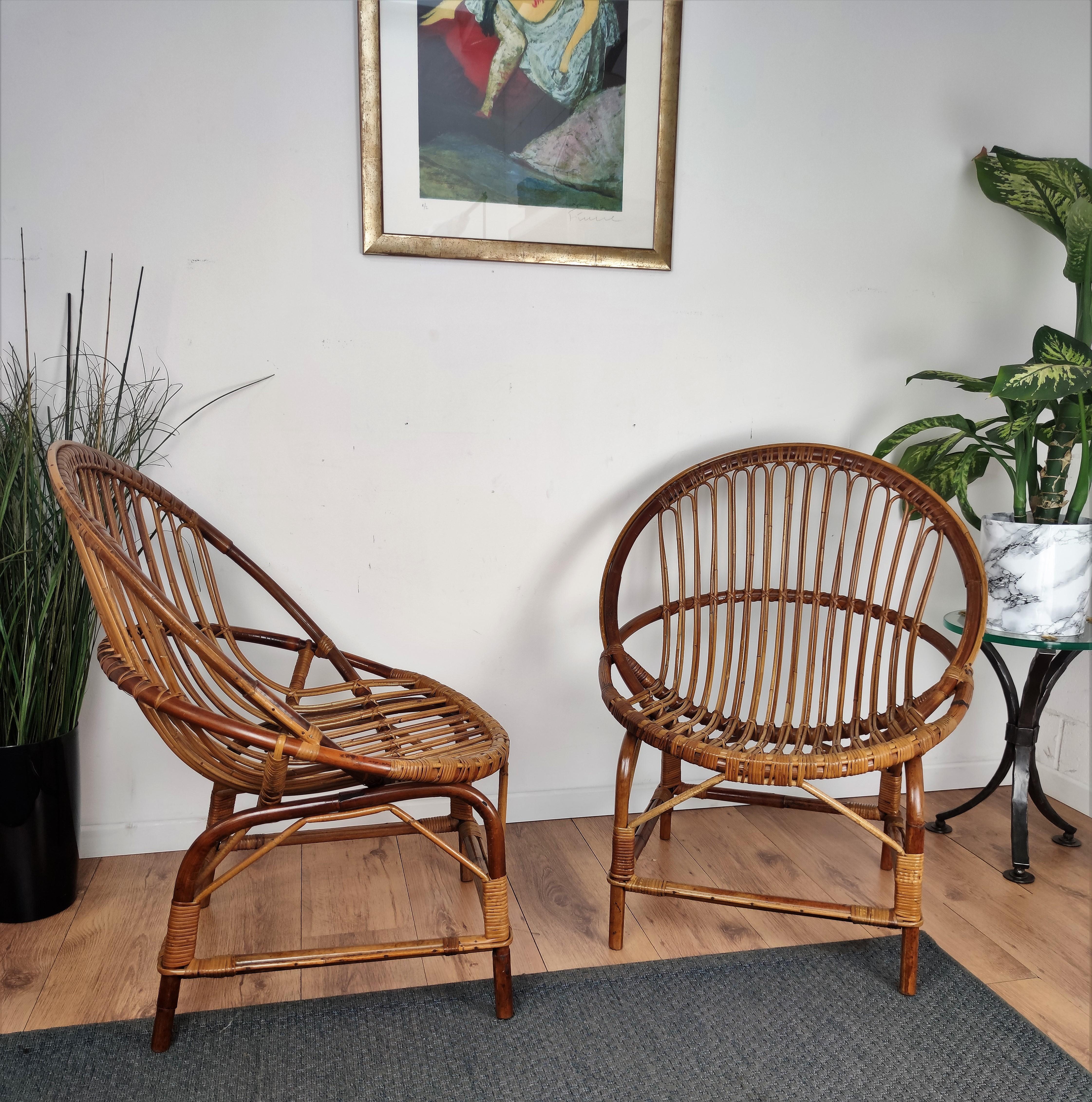 Pair of 60s Italian Bent Bamboo Rattan Bohemian French Riviera Lounge Armchairs For Sale 4