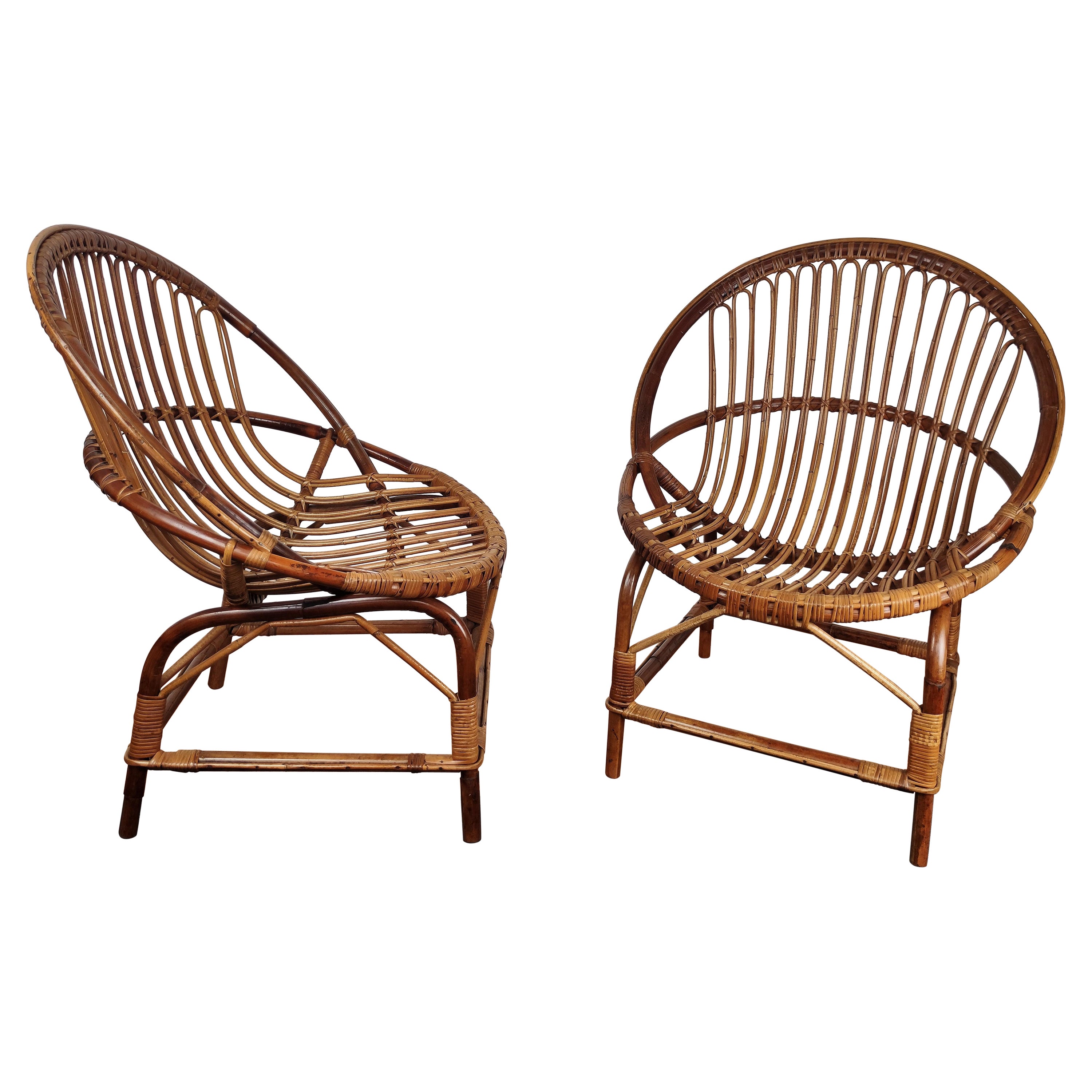 Pair of 60s Italian Bent Bamboo Rattan Bohemian French Riviera Lounge Armchairs