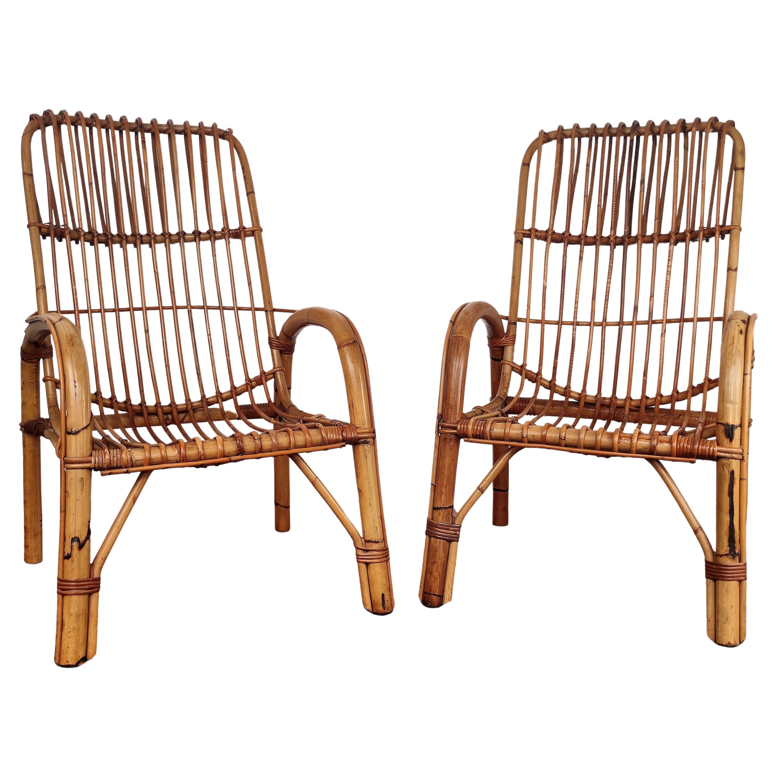 Pair of 60s Italian Bent Bamboo Rattan Bohemian French Riviera Lounge Armchairs
