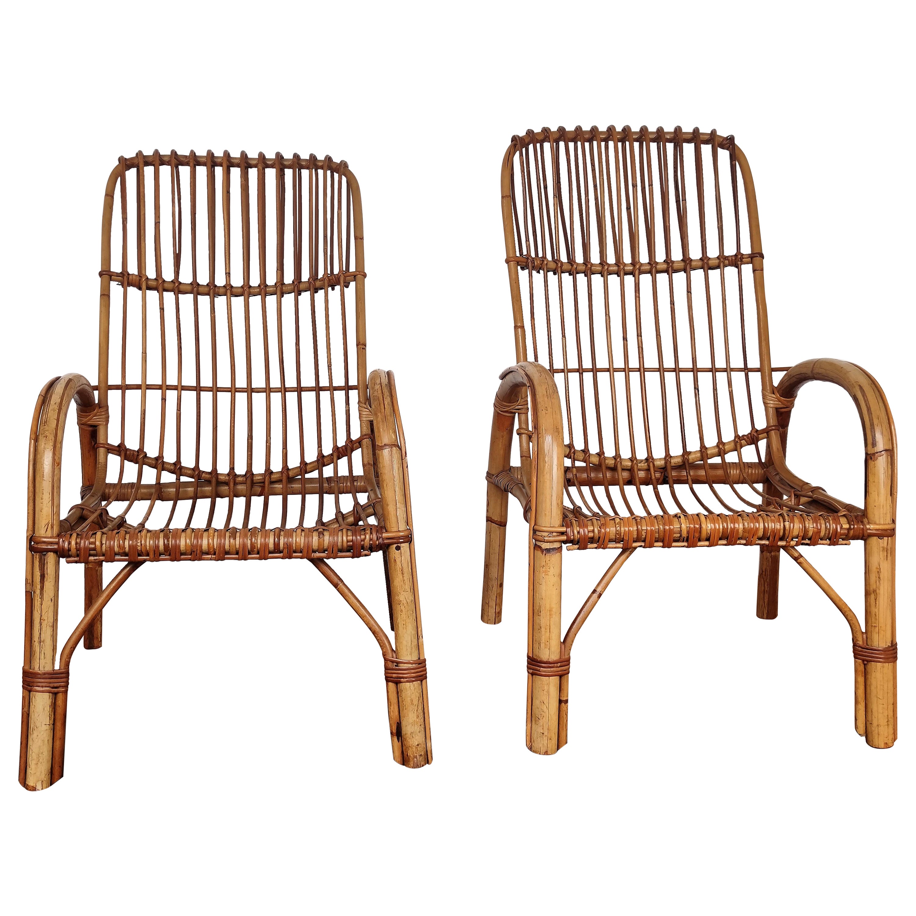 Pair of 60s Italian Bent Bamboo Rattan Bohemian French Riviera Lounge Armchairs