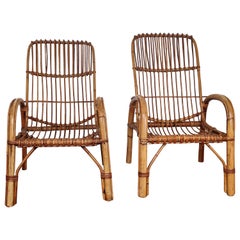 Pair of 60s Italian Bent Bamboo Rattan Bohemian French Riviera Lounge Armchairs
