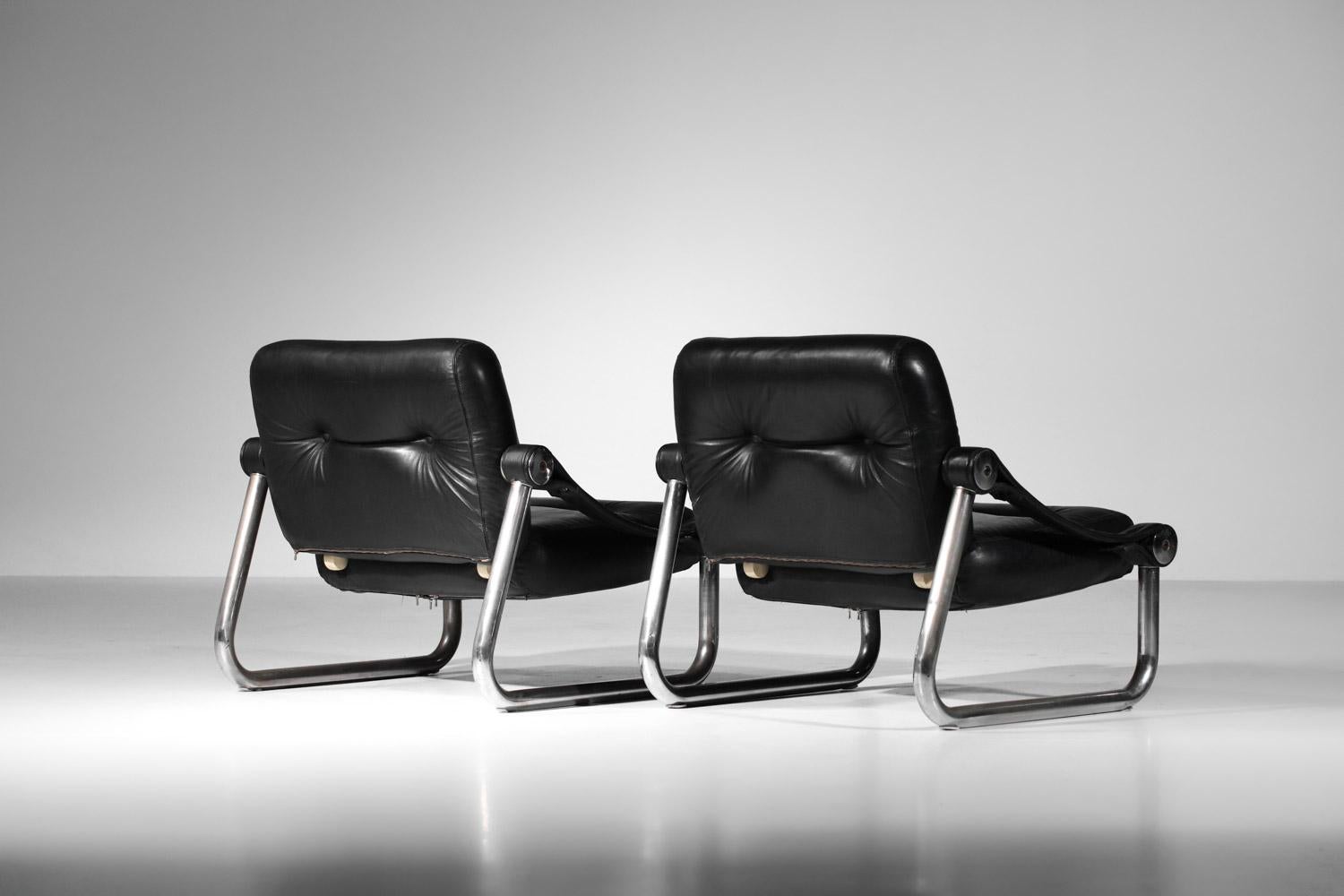 Pair of 60's leather and chromed tubular steel armchairs For Sale 10