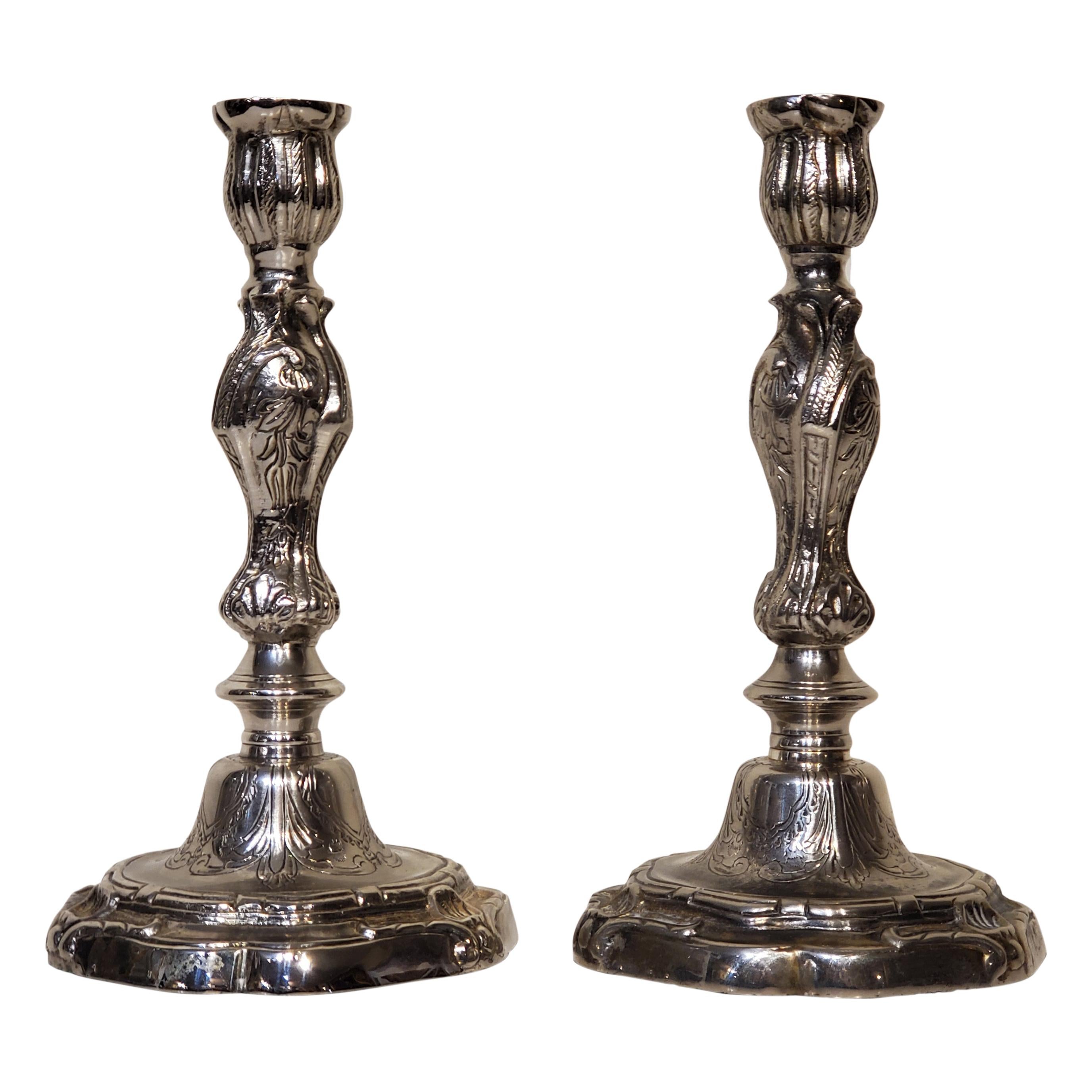 Cast Pair of 6x10 Louis XV Style Silver Plated Candlesticks For Sale