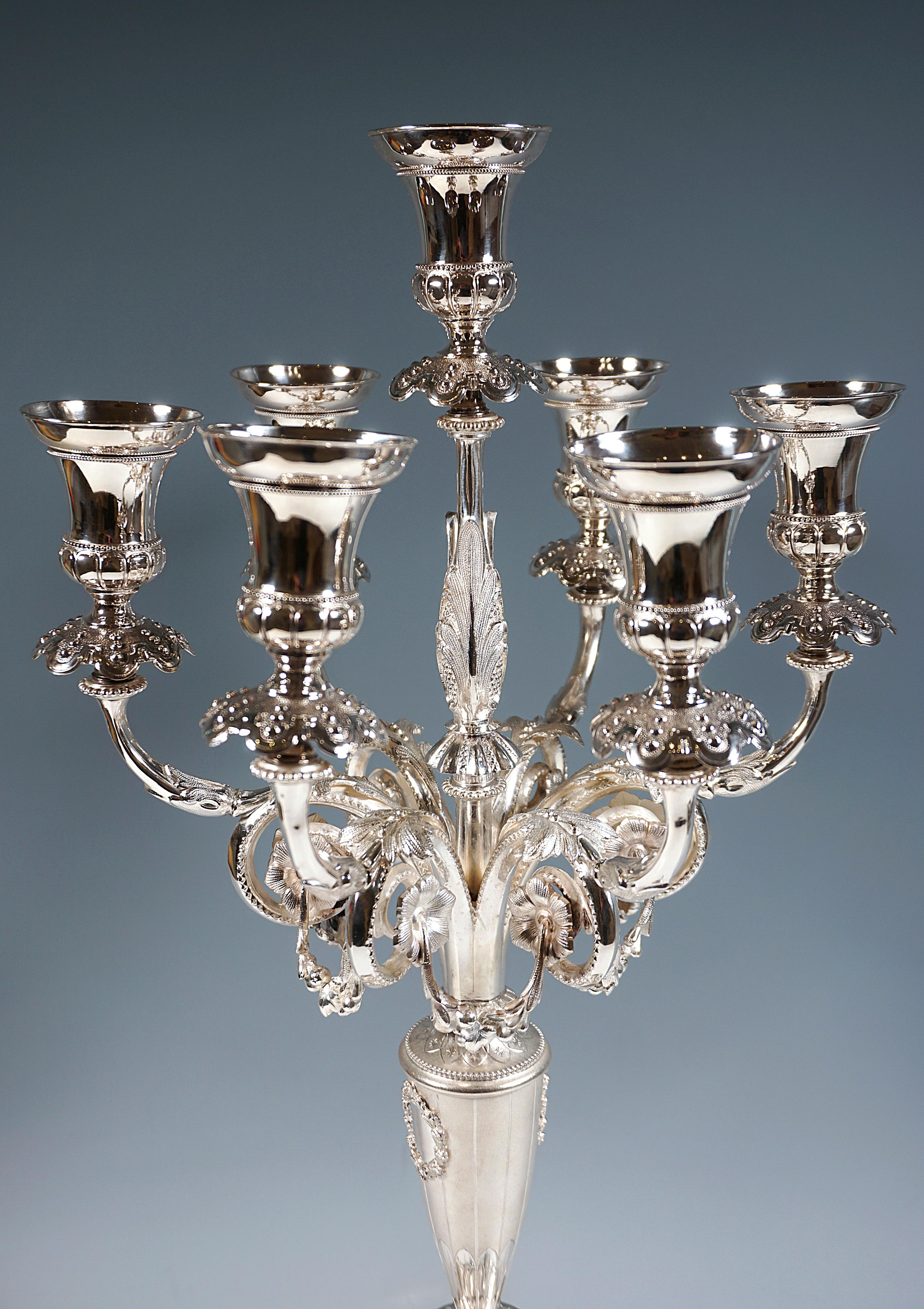 Rococo Revival Pair Of 7-Flame Silver Candelabras With Dolphins, Wilkens & Sons Germany, 1877