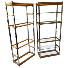 Pair Of 7’ High 1970s Chrome Glass And Bamboo Etageres