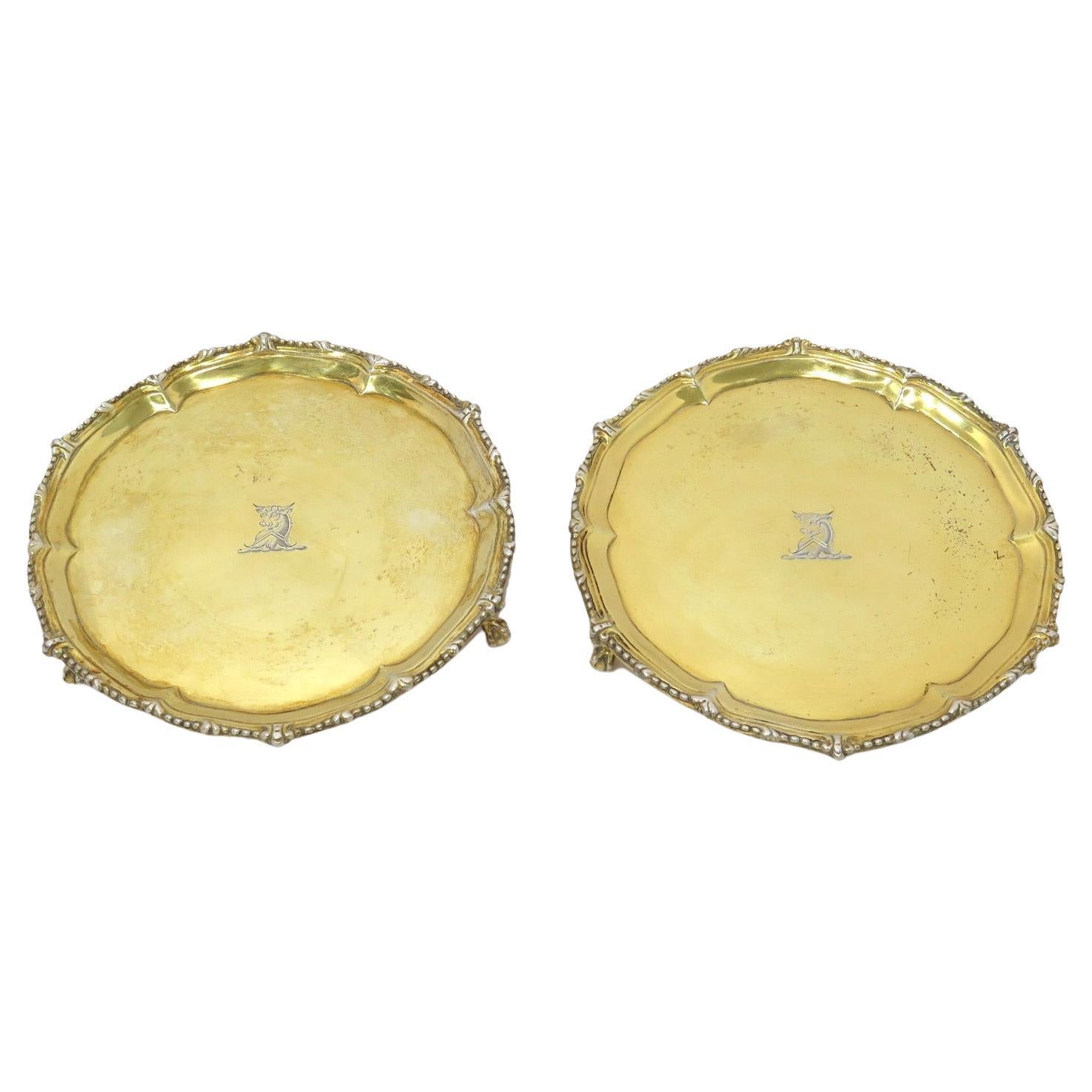 Pair of Sterling Silver Gilt Antique English 1771 Bull Footed Salvers For Sale