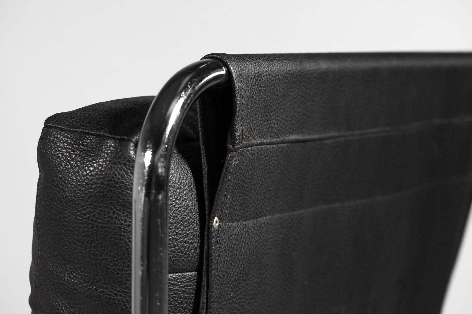 Pair of 70s armchairs in chromed steel tubes and black leather design 1970 For Sale 7