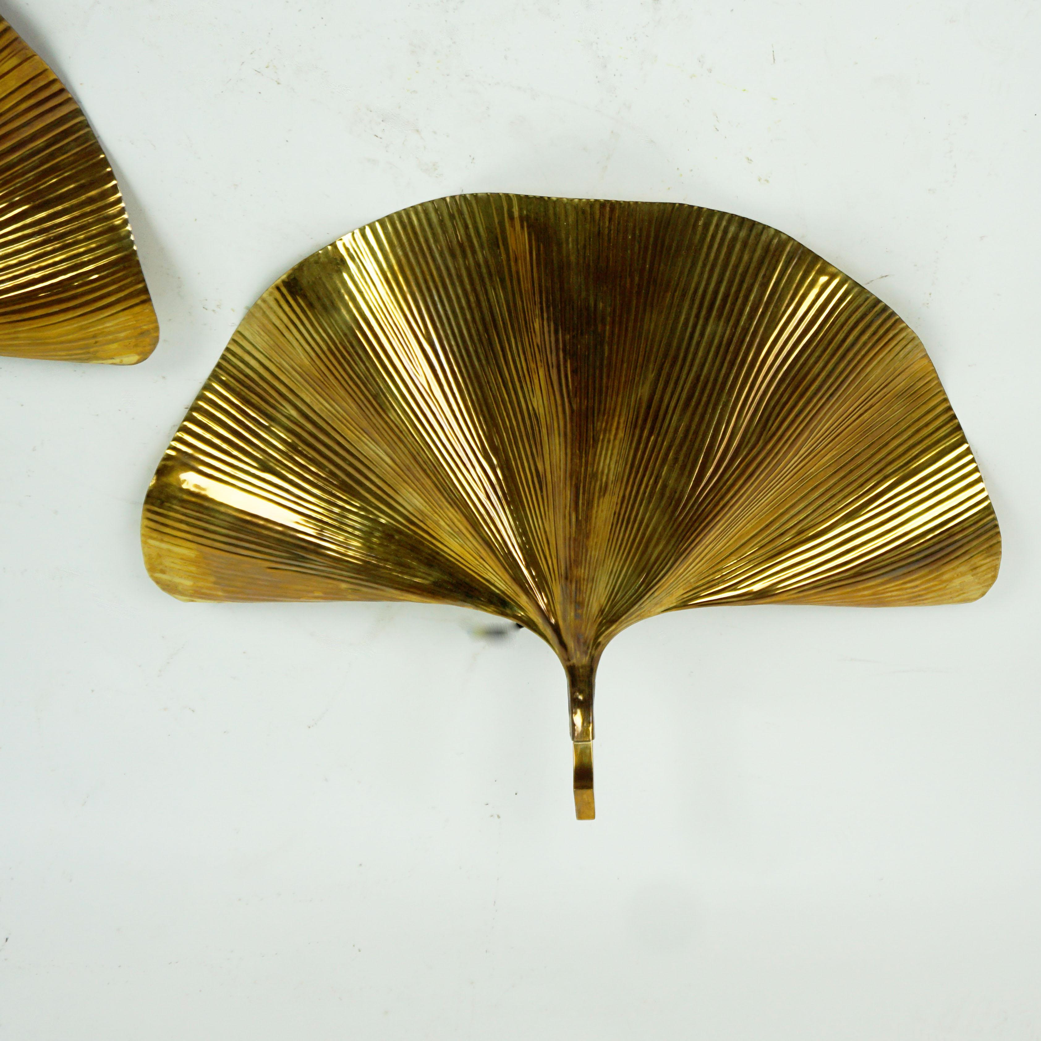 This magnificant sculptural and Large brass wall lamps or sconces have been designed by Carlo Giorgio for Bottega Gadda, Italy 1970s. Sometimes they are also attributed to Tommaso Barbi.
Their shape is inspired by the beautiful Ginkgo leaf . Both
