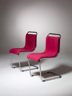Pair of 70s Chrome and Cloth Chairs in the Style of Ico Parisi