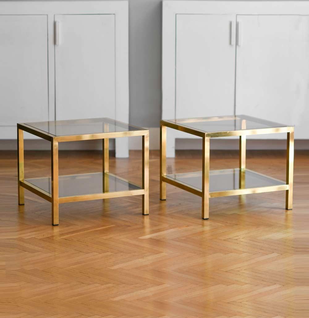 Late 20th Century Pair of 70's Coffee Tables Made of Brass and Brown Glass
