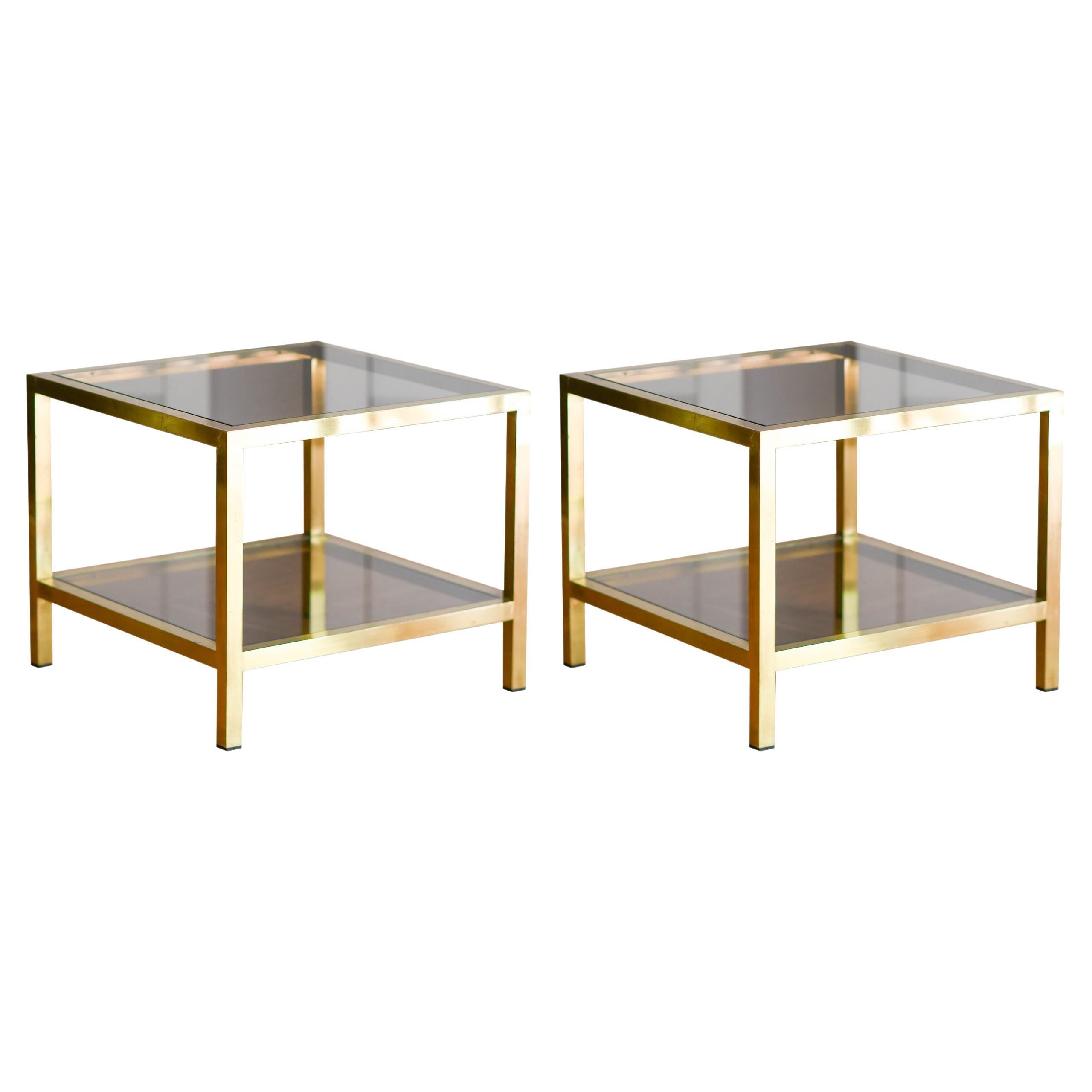 Pair of 70's Coffee Tables Made of Brass and Brown Glass