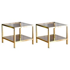 Vintage Pair of 70's Coffee Tables Made of Brass and Brown Glass