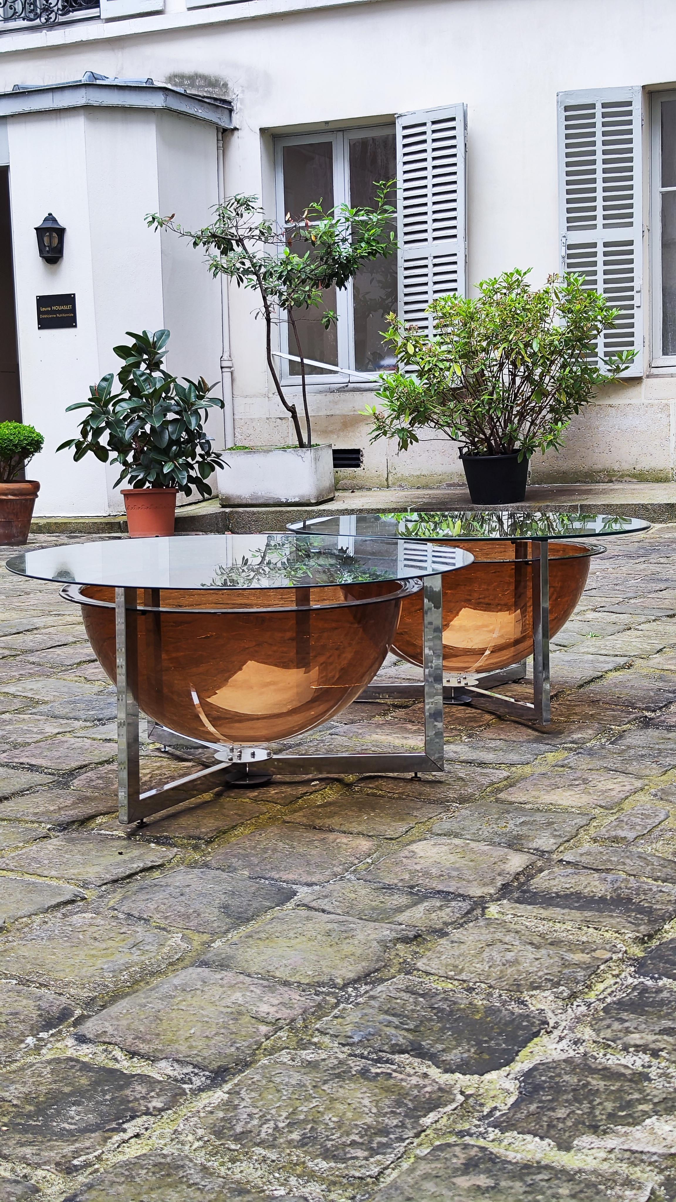 Pair of 70s coffee tables, steel, glass and plexiglass - France 5