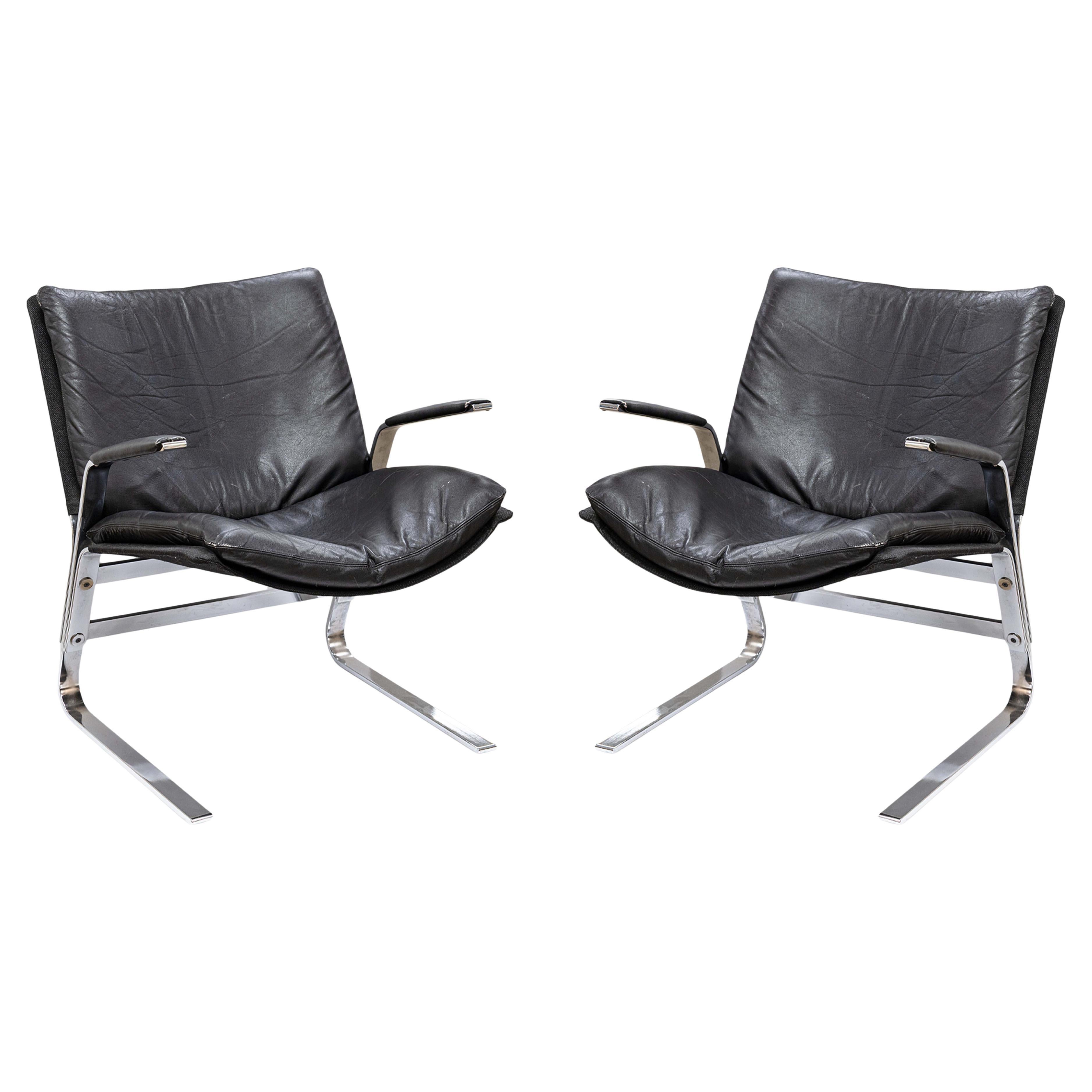 Pair of 70s Elsa & Nordahl Solheim Leather Chrome Pirate Chairs for Rybo Rykken