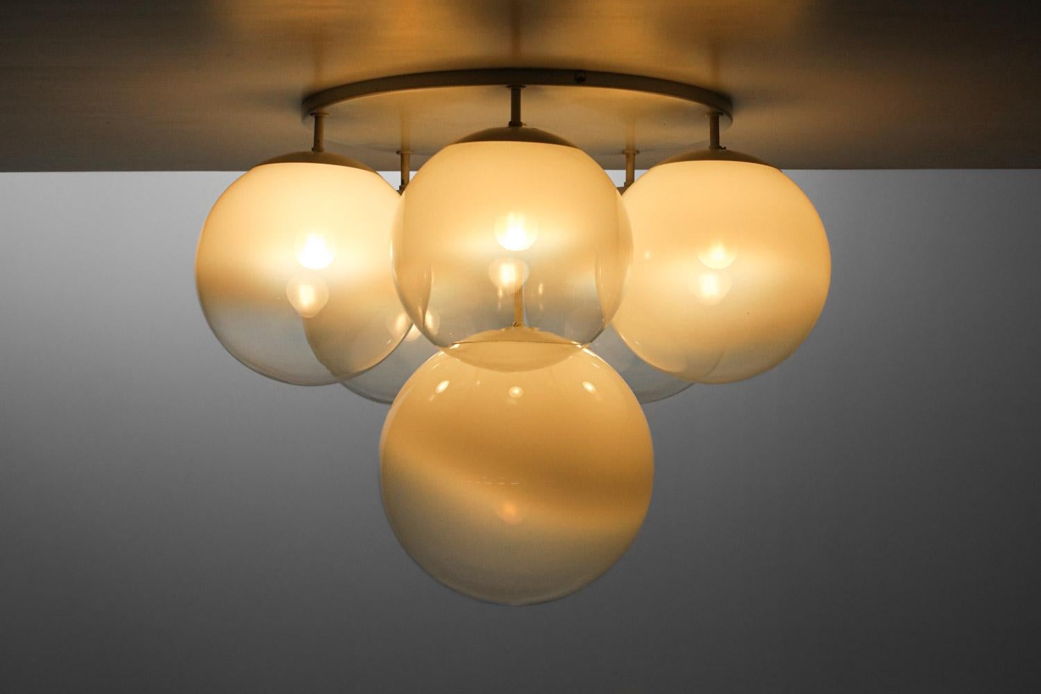 Pair of vintage Italian ceiling lights from the 70's created in the style of Gino Sarfatti's work of the time.  Structure in white lacquered metal (original paint), these ceiling lights are composed of 6 smoked Murano glass globes in the tones of