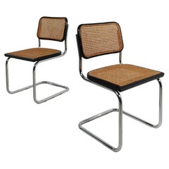 Pair of 70s Italian Cesca Cantilever Chairs in Chrome Black Beech Woven Wicker