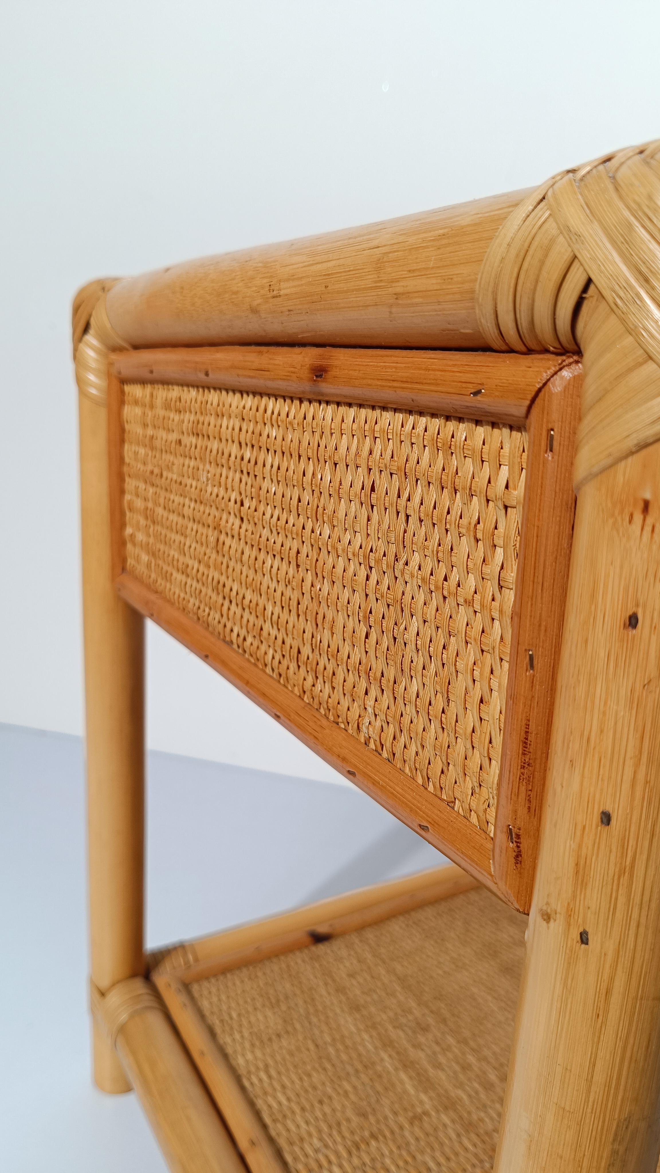 Pair of 70s Italian Nightstands made in Plywood Bamboo, Cane & Woven Rattan For Sale 6