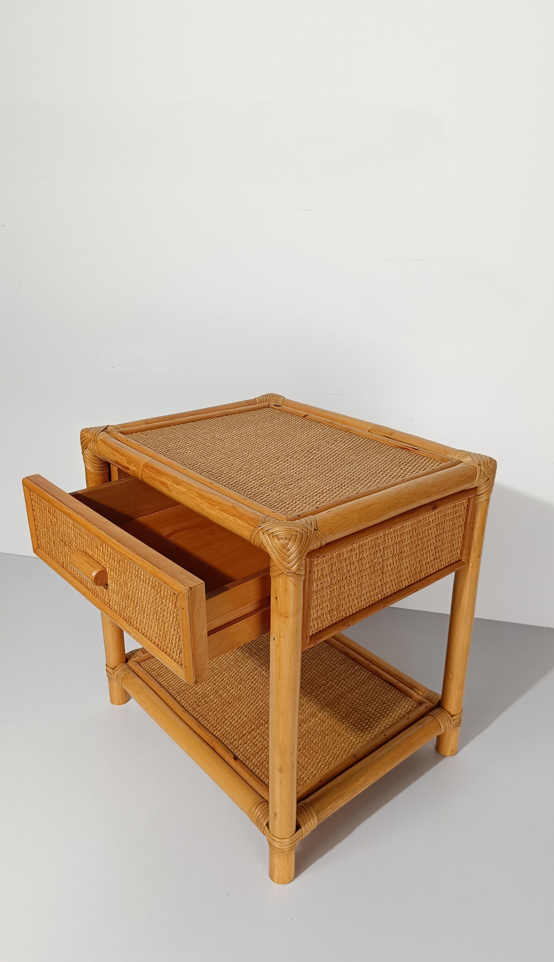 Pair of 70s Italian Nightstands made in Plywood Bamboo, Cane & Woven Rattan For Sale 7