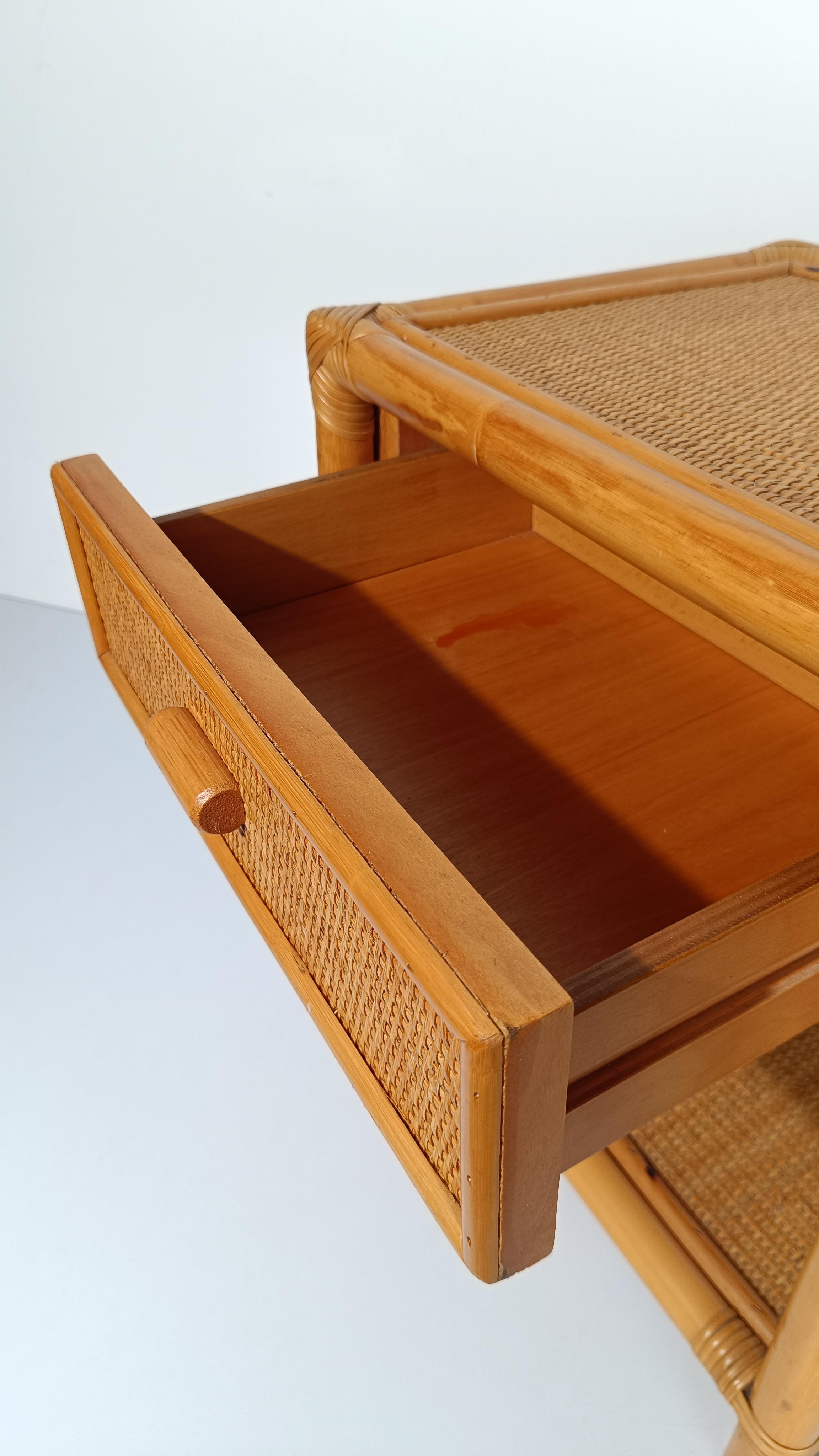 Pair of 70s Italian Nightstands made in Plywood Bamboo, Cane & Woven Rattan For Sale 8