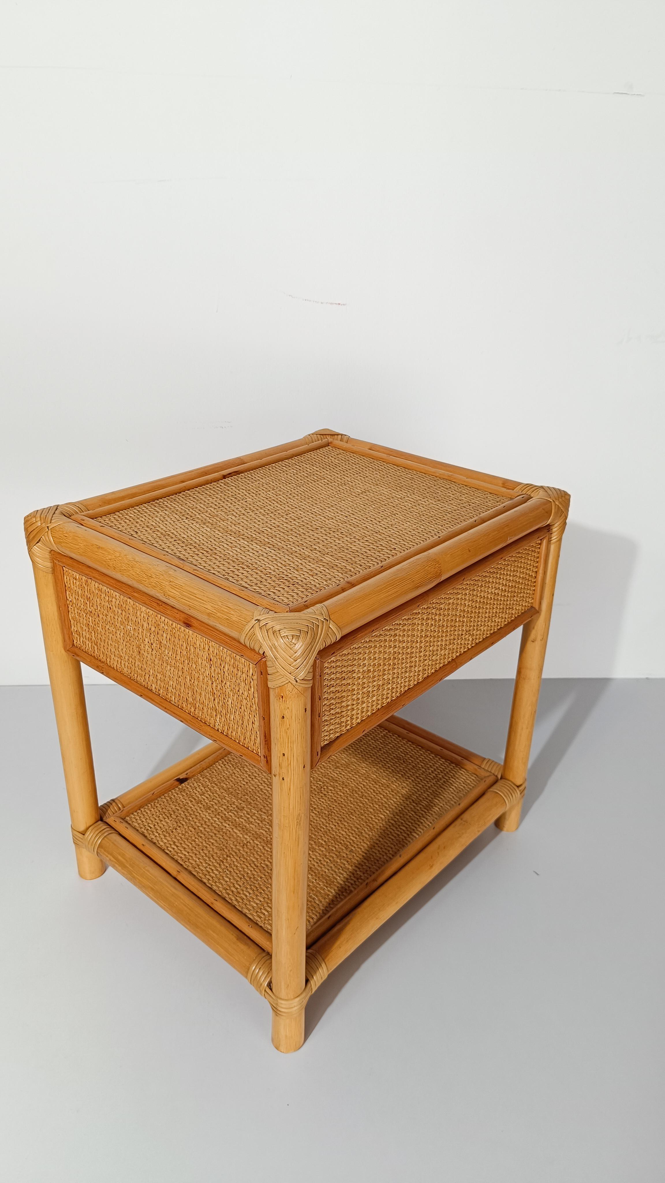Pair of 70s Italian Nightstands made in Plywood Bamboo, Cane & Woven Rattan For Sale 9