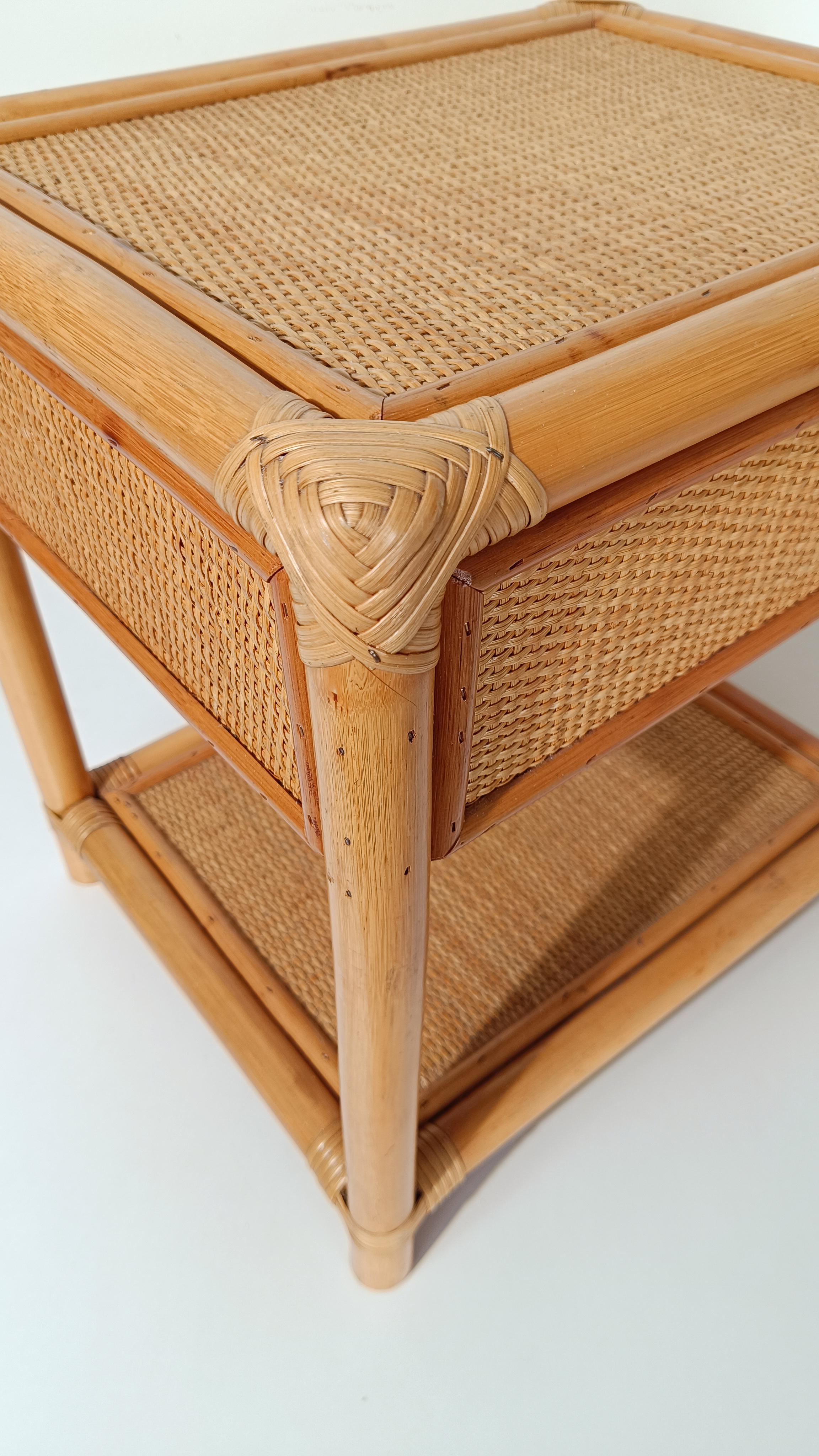 Pair of 70s Italian Nightstands made in Plywood Bamboo, Cane & Woven Rattan For Sale 10