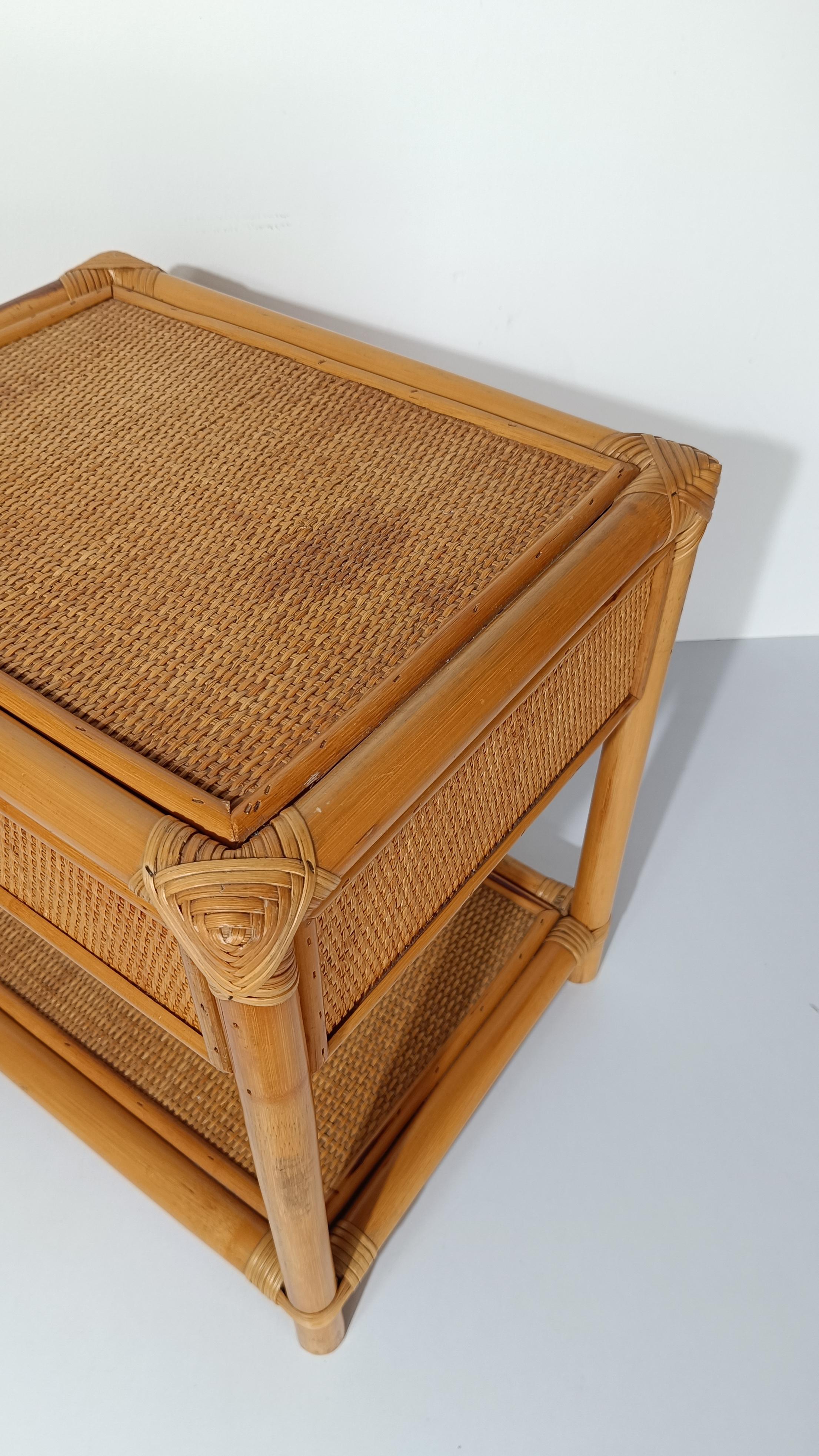 Pair of 70s Italian Nightstands made in Plywood Bamboo, Cane & Woven Rattan For Sale 13