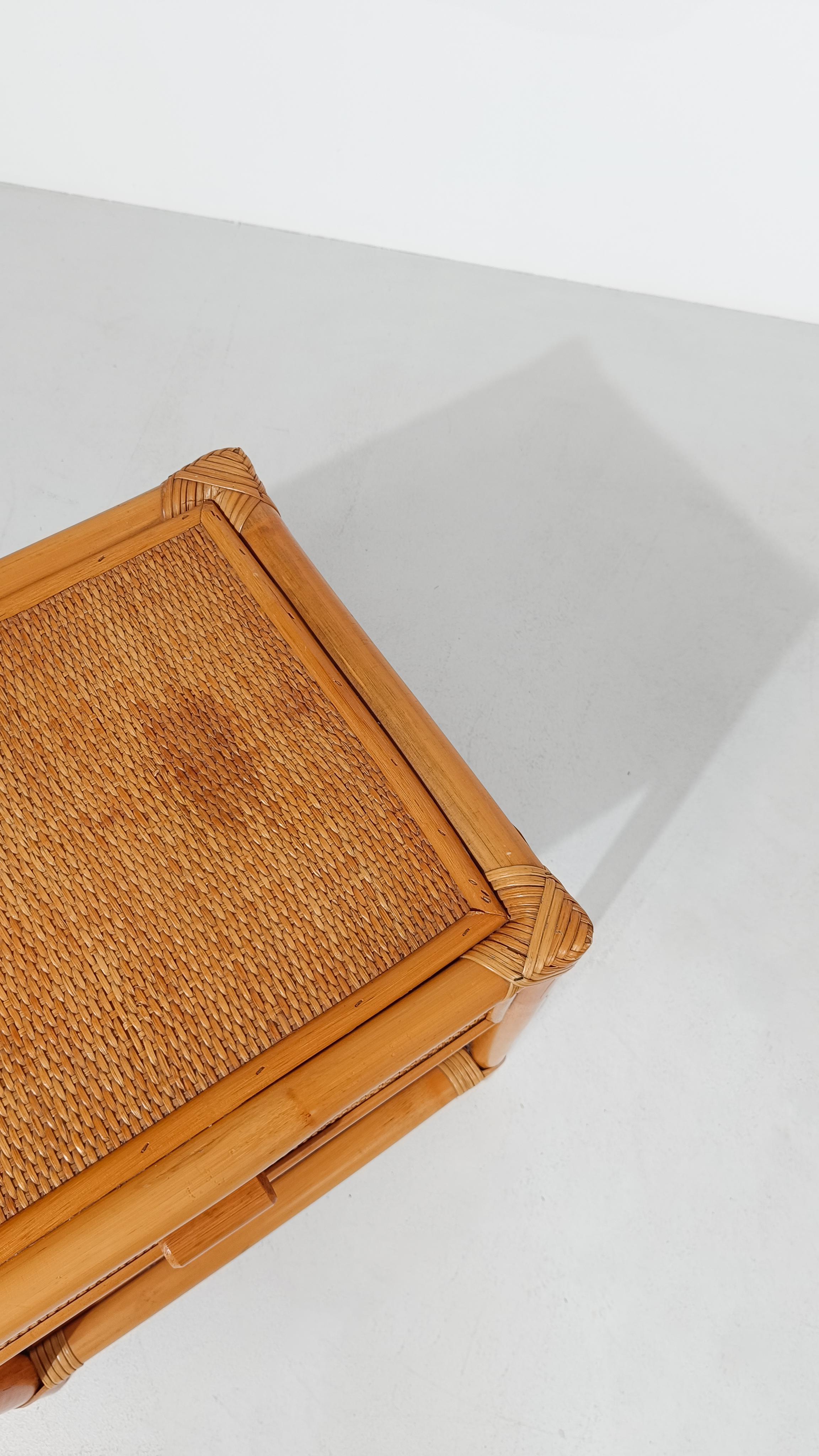 Pair of 70s Italian Nightstands made in Plywood Bamboo, Cane & Woven Rattan For Sale 14