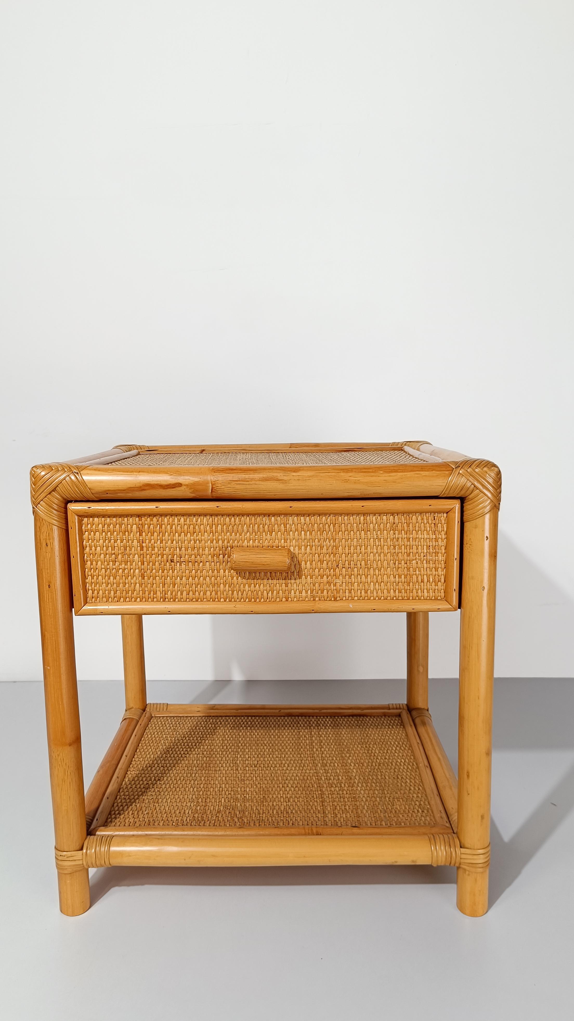 Pair of 70s Italian Nightstands made in Plywood Bamboo, Cane & Woven Rattan For Sale 15