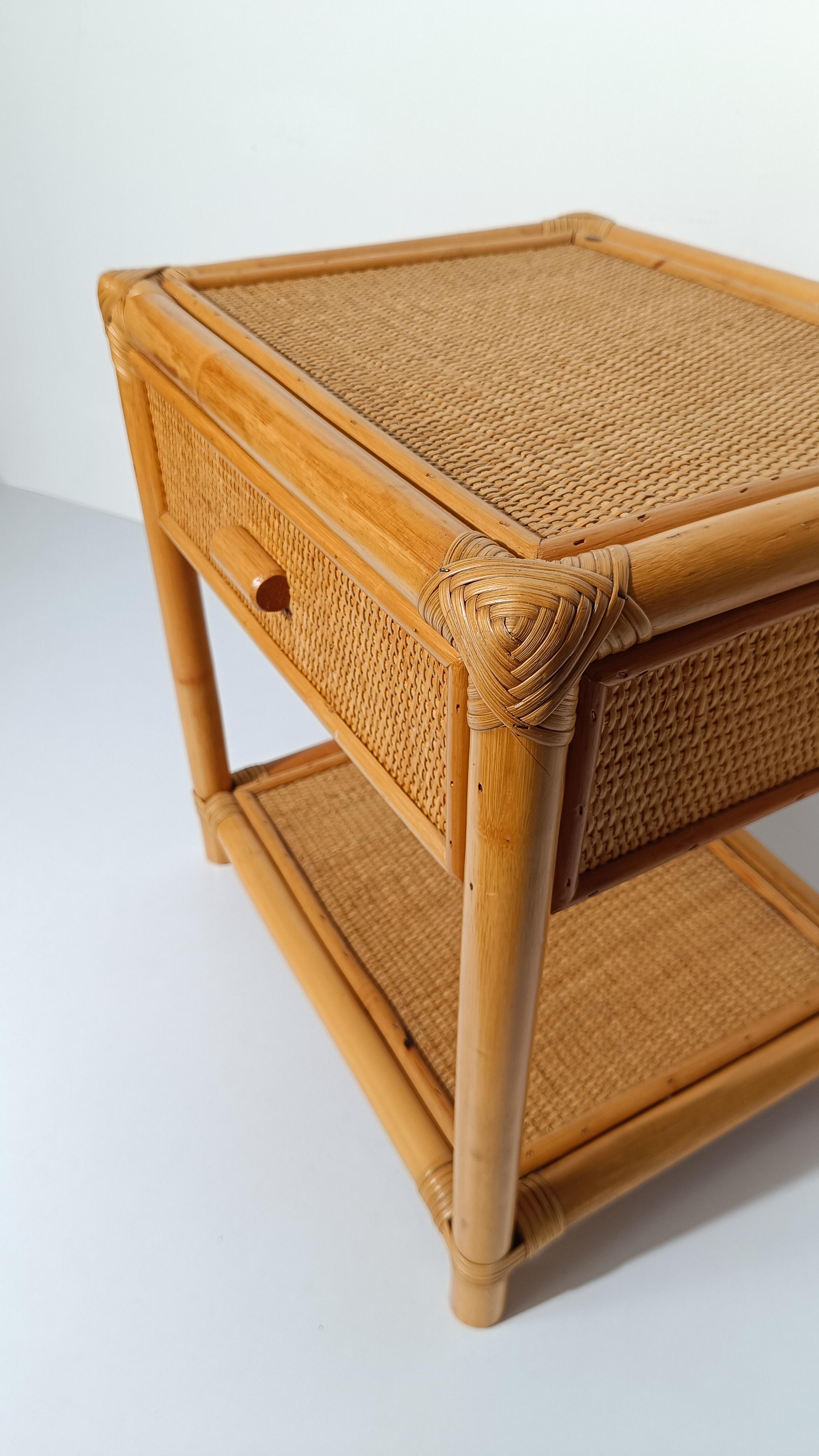 Pair of 70s Italian Nightstands made in Plywood Bamboo, Cane & Woven Rattan In Good Condition For Sale In Roma, IT