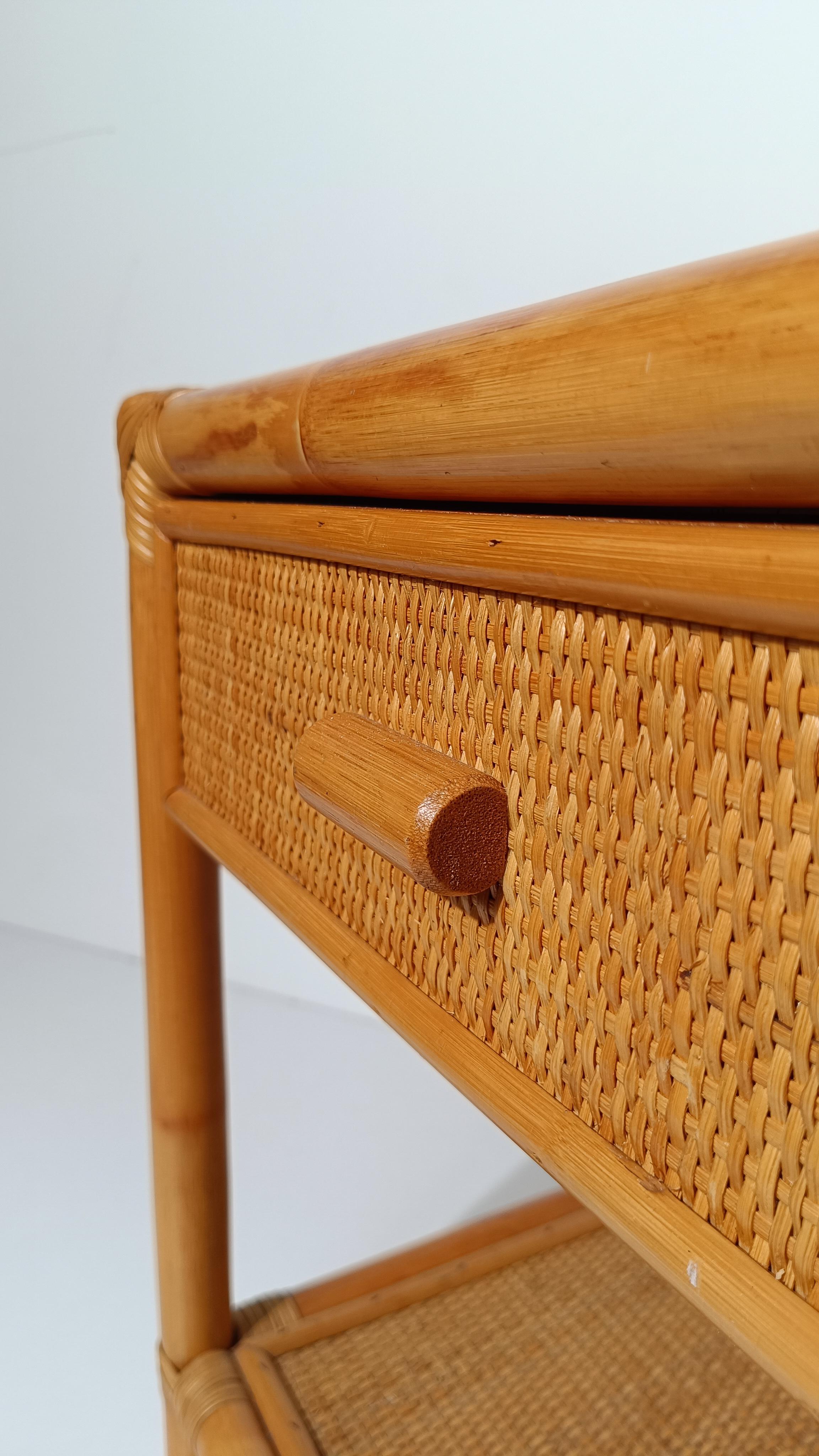 Late 20th Century Pair of 70s Italian Nightstands made in Plywood Bamboo, Cane & Woven Rattan For Sale