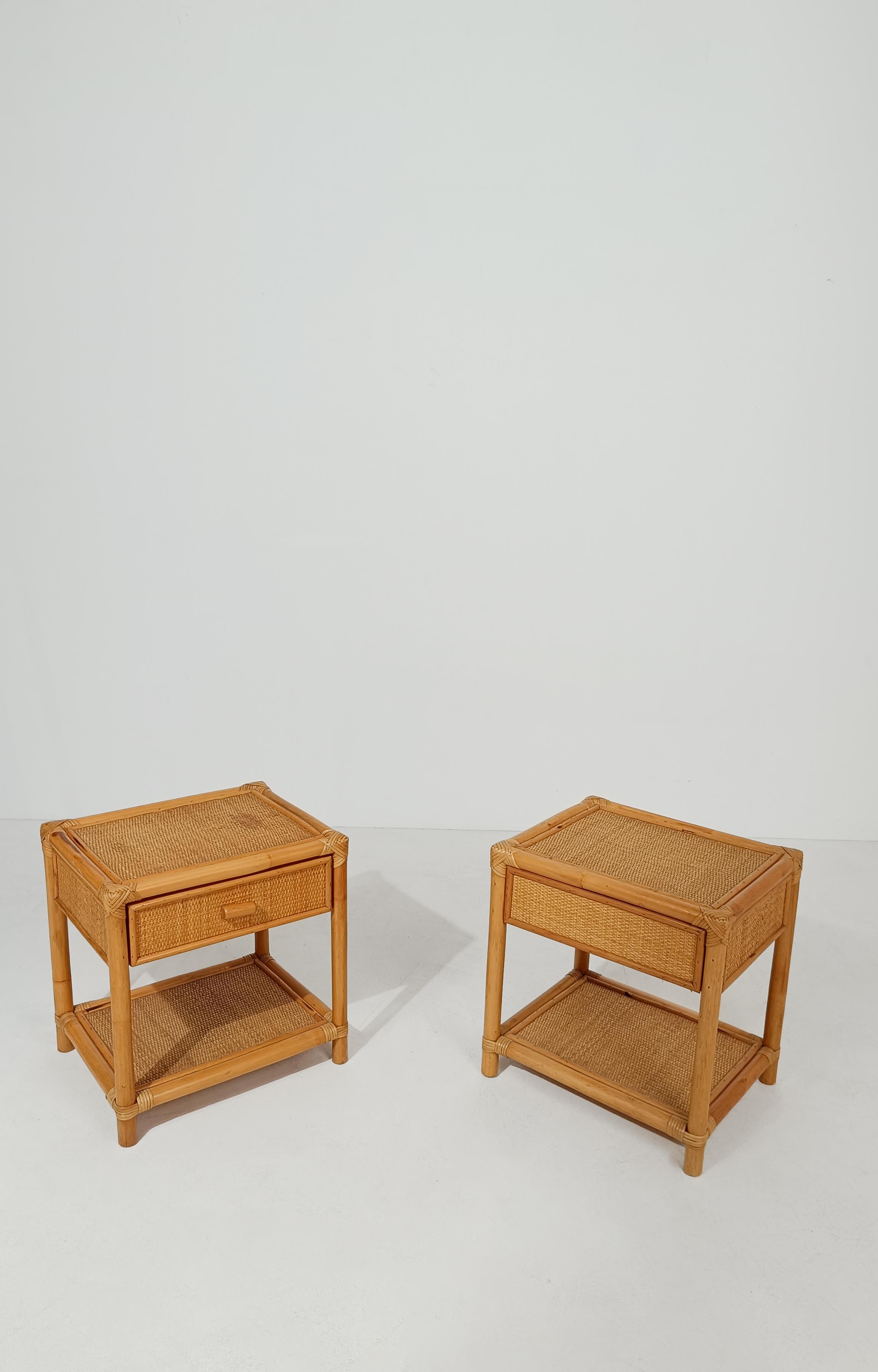 Pair of 70s Italian Nightstands made in Plywood Bamboo, Cane & Woven Rattan For Sale 1