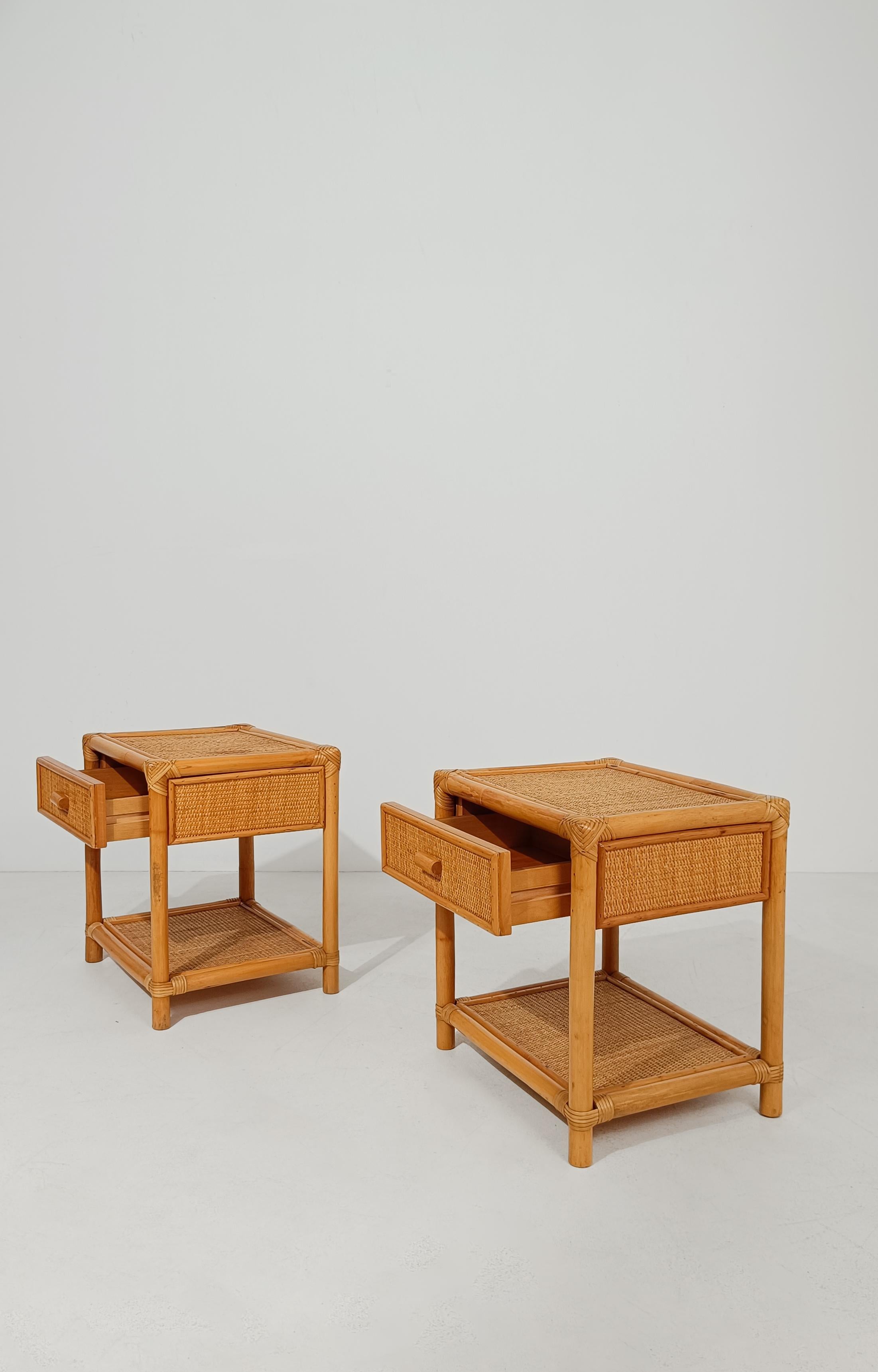 Pair of 70s Italian Nightstands made in Plywood Bamboo, Cane & Woven Rattan For Sale 2