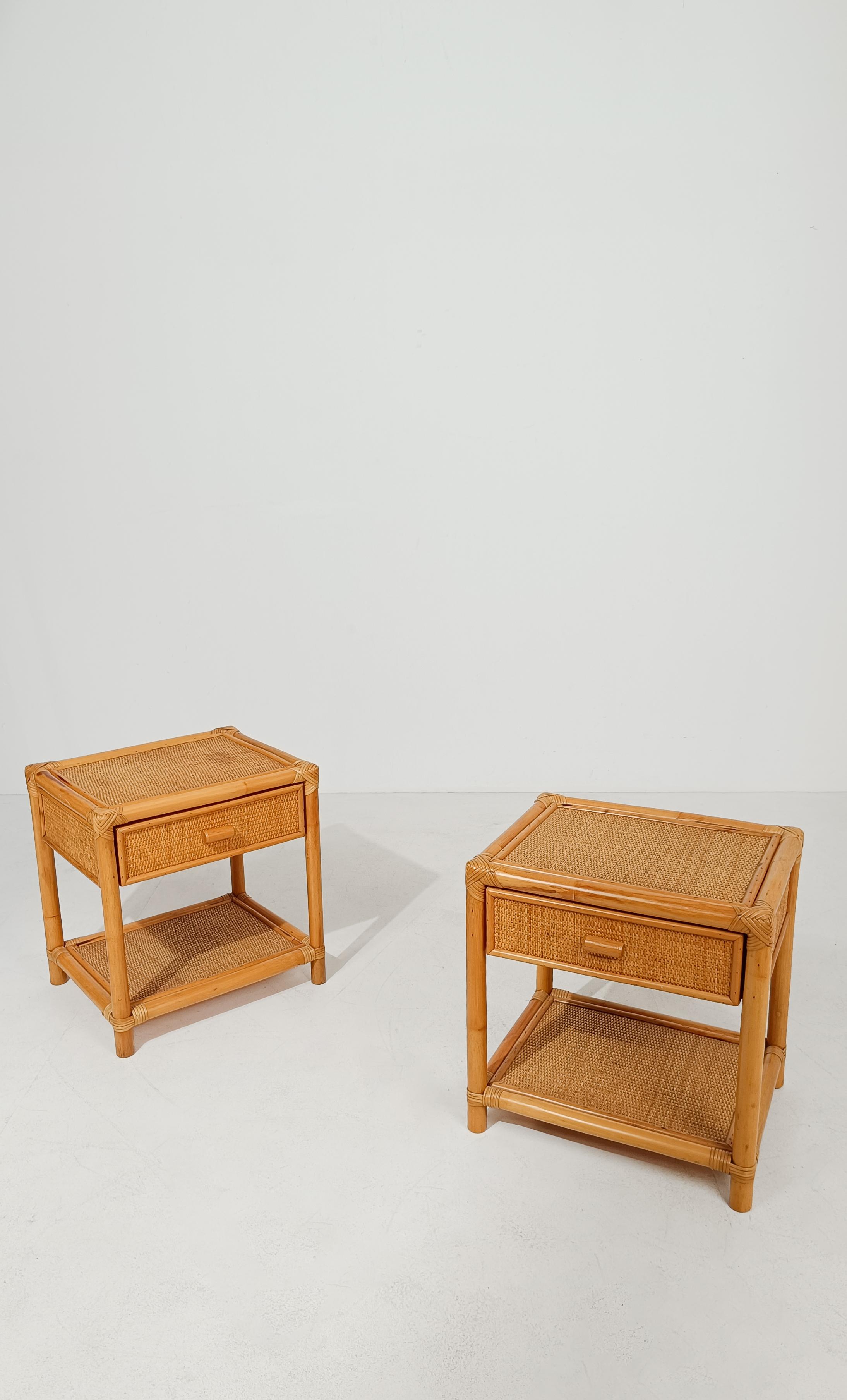 Pair of 70s Italian Nightstands made in Plywood Bamboo, Cane & Woven Rattan For Sale 3