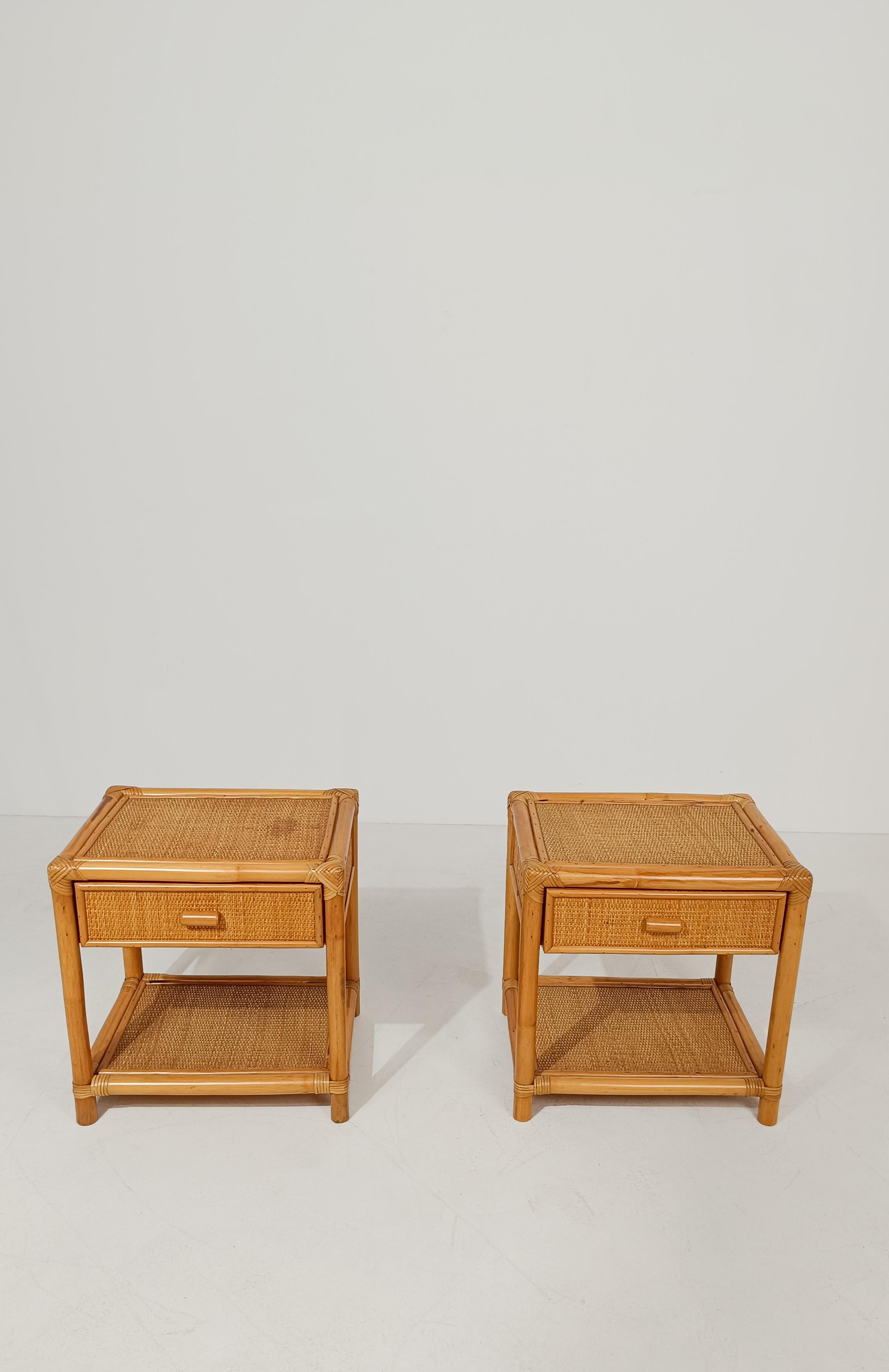 Pair of 70s Italian Nightstands made in Plywood Bamboo, Cane & Woven Rattan For Sale 4